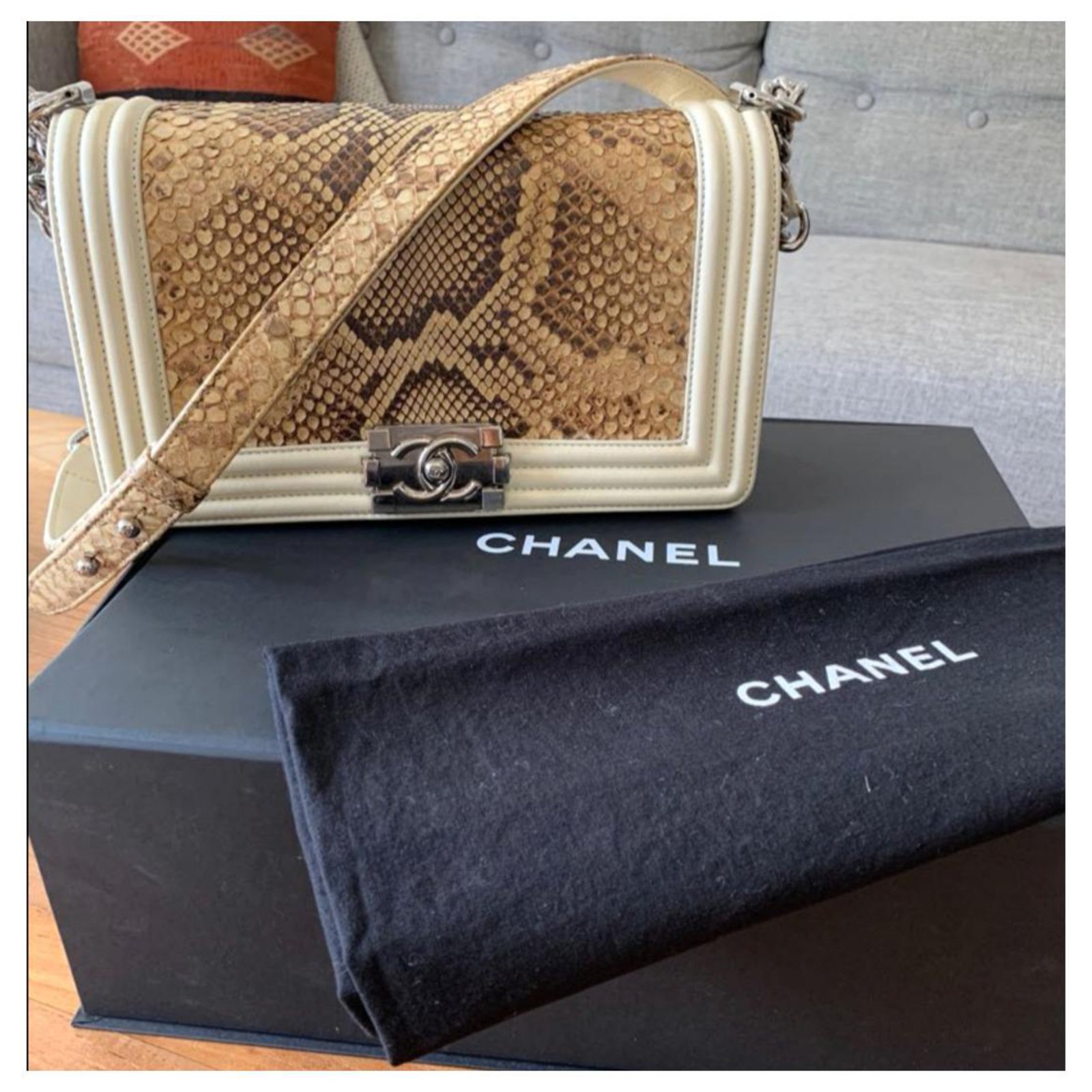Chanel WhiteBrown Python and Leather Medium Boy Flap Bag Chanel  TLC