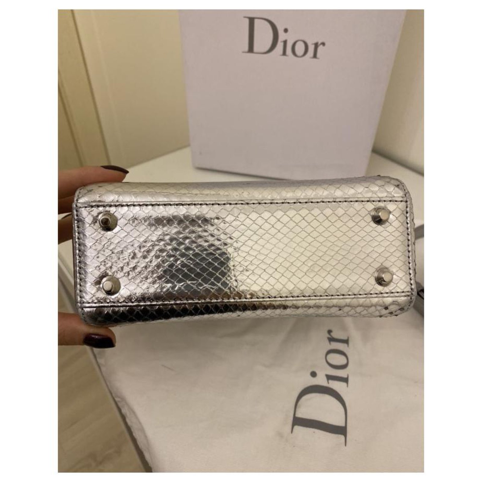 Christian Dior Dior Lady Dior Mini Silver Shiny Python Bag Silvery ...