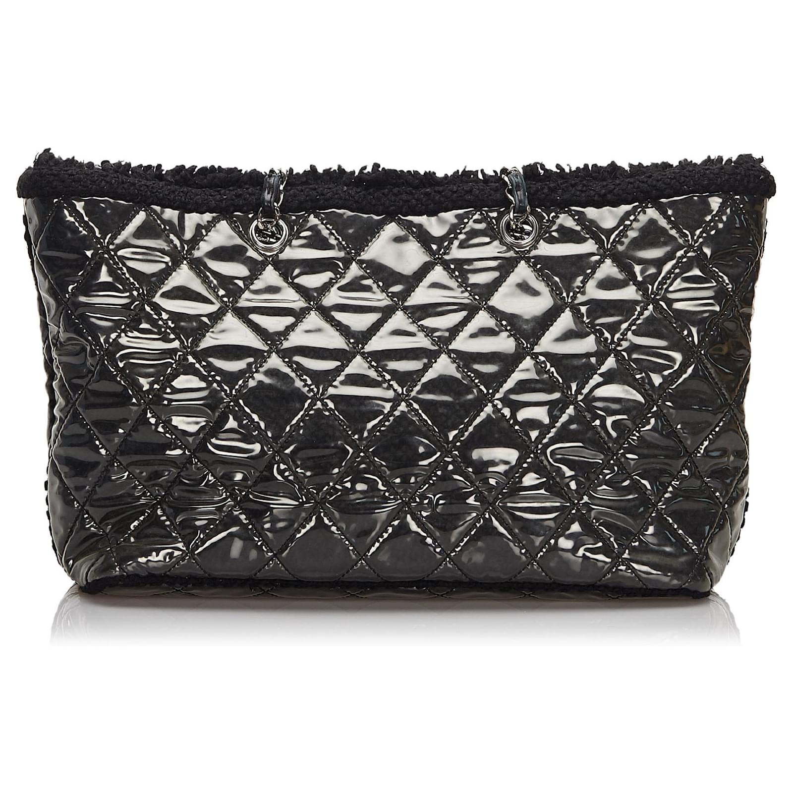 Sac cabas ?� cha?�ne en vinyle noir Chanel Plastique Tweed Tissu ref.164515 - Joli Closet