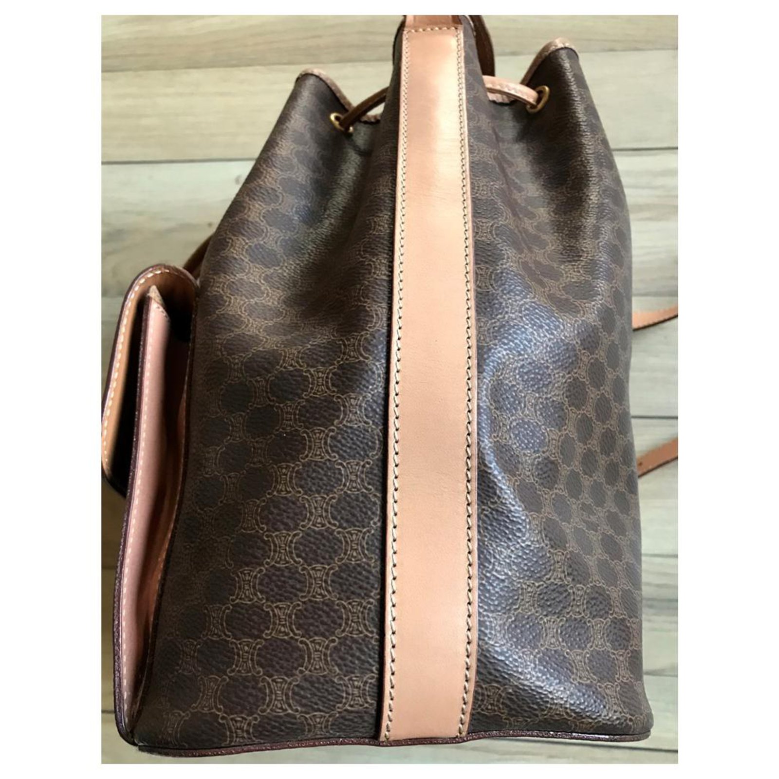 C?�line sac seau vintage Cuir Toile Marron clair Marron fonc?� ref.164658 - Joli Closet