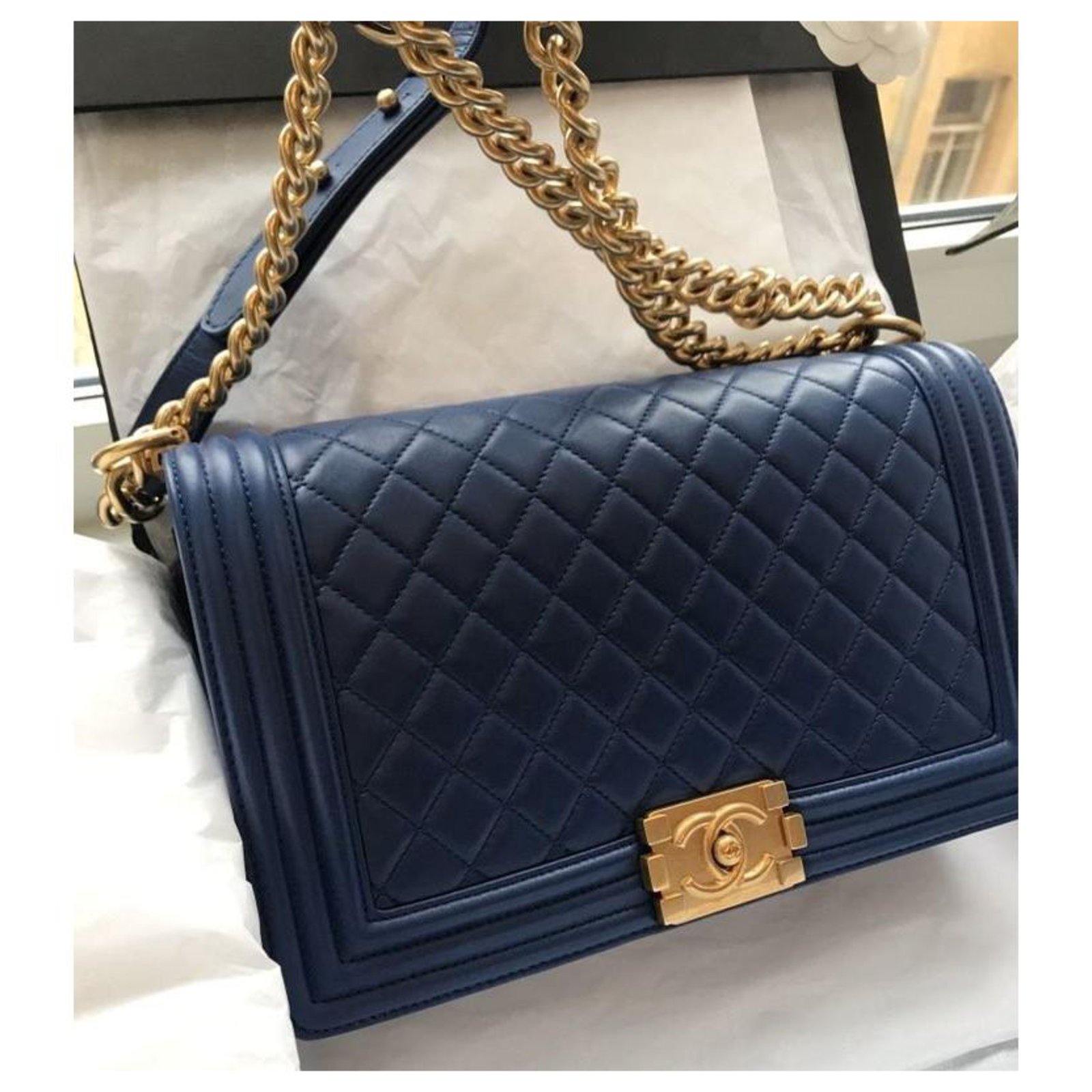 Chanel Boy Blue Lambskin Medium Quilted Flap Bag Gold Hardware Golden Dark  blue Leather ref.164735 - Joli Closet