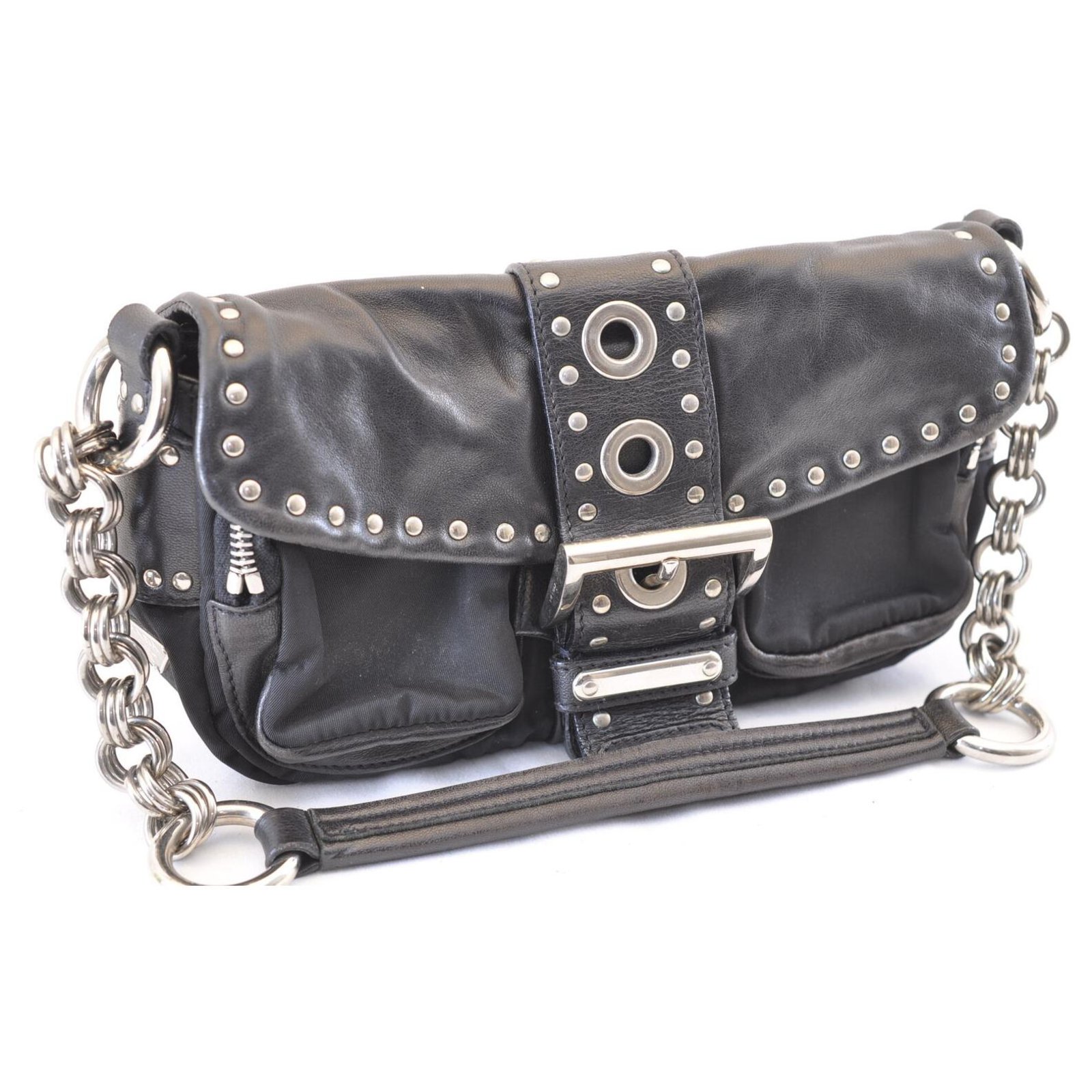 Prada Vintage - Studded Nylon Shoulder Bag - Black - Leather