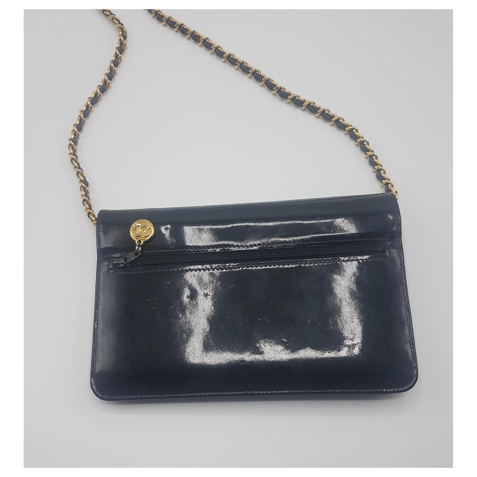 Wallet On Chain Chanel ClutchTaschen Schwarz Lackleder ref.165546