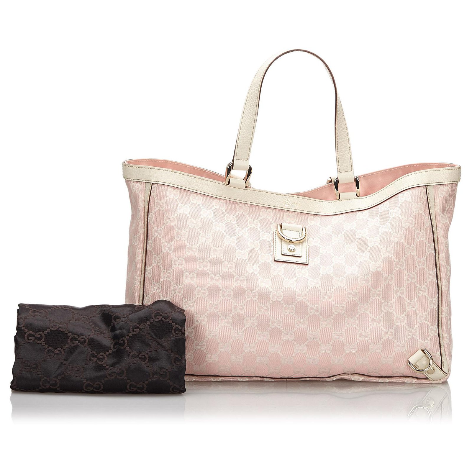 Gucci Pink GG Canvas Abbey D Ring Tote Bag White Leather Cloth