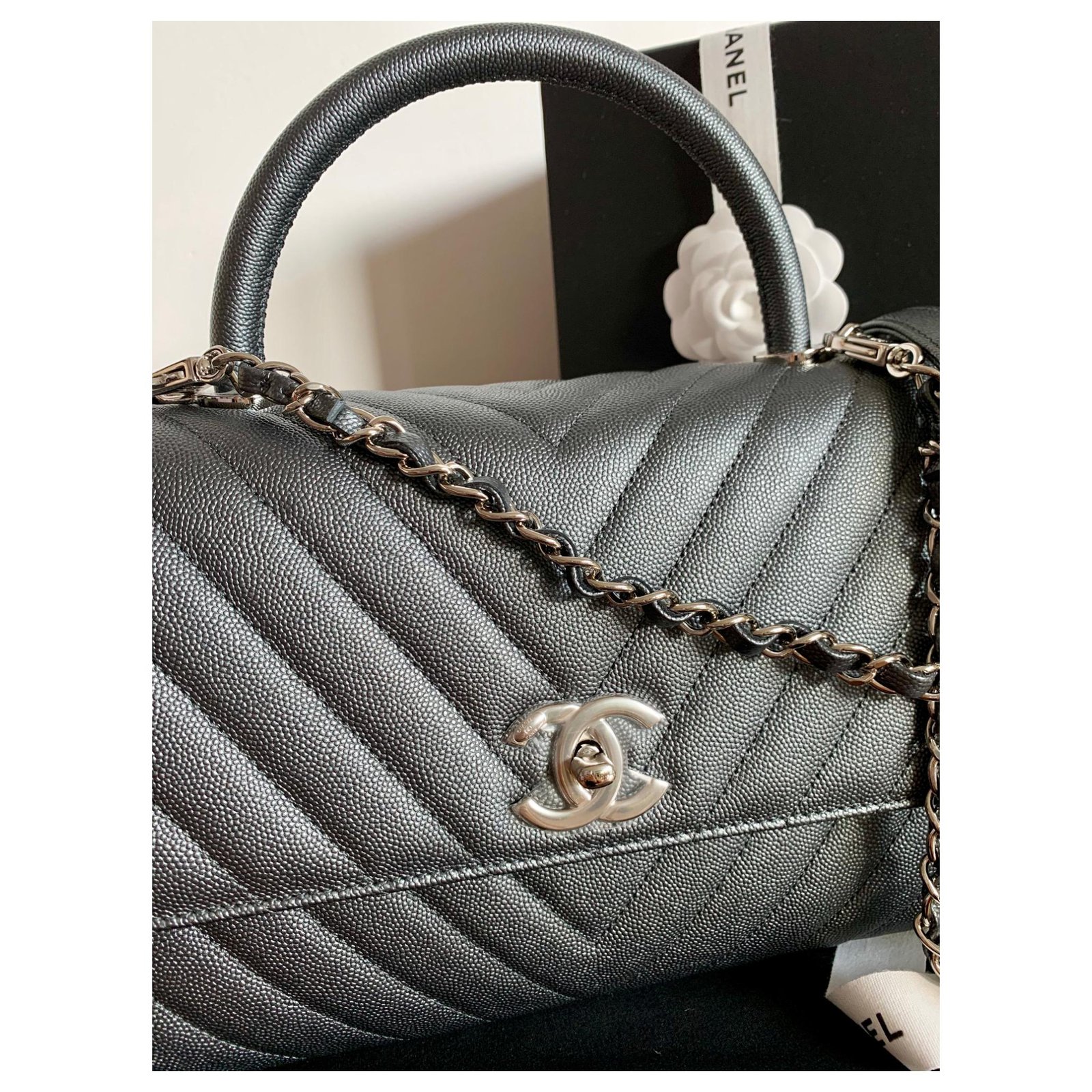 Chanel Coco Handle Caviar Chevron SHW Dark grey Leather  - Joli  Closet