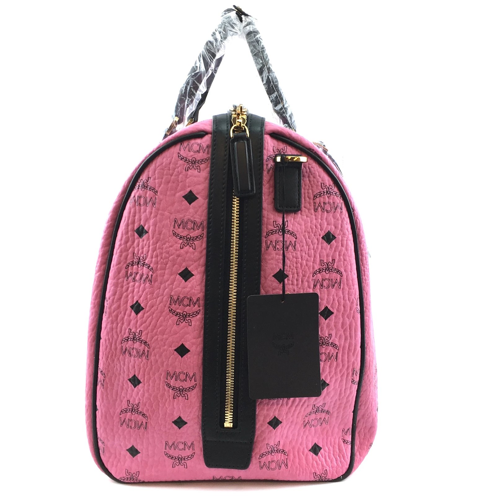 MCM Duffle Logo Pink Coated Canvas Travel Bag
