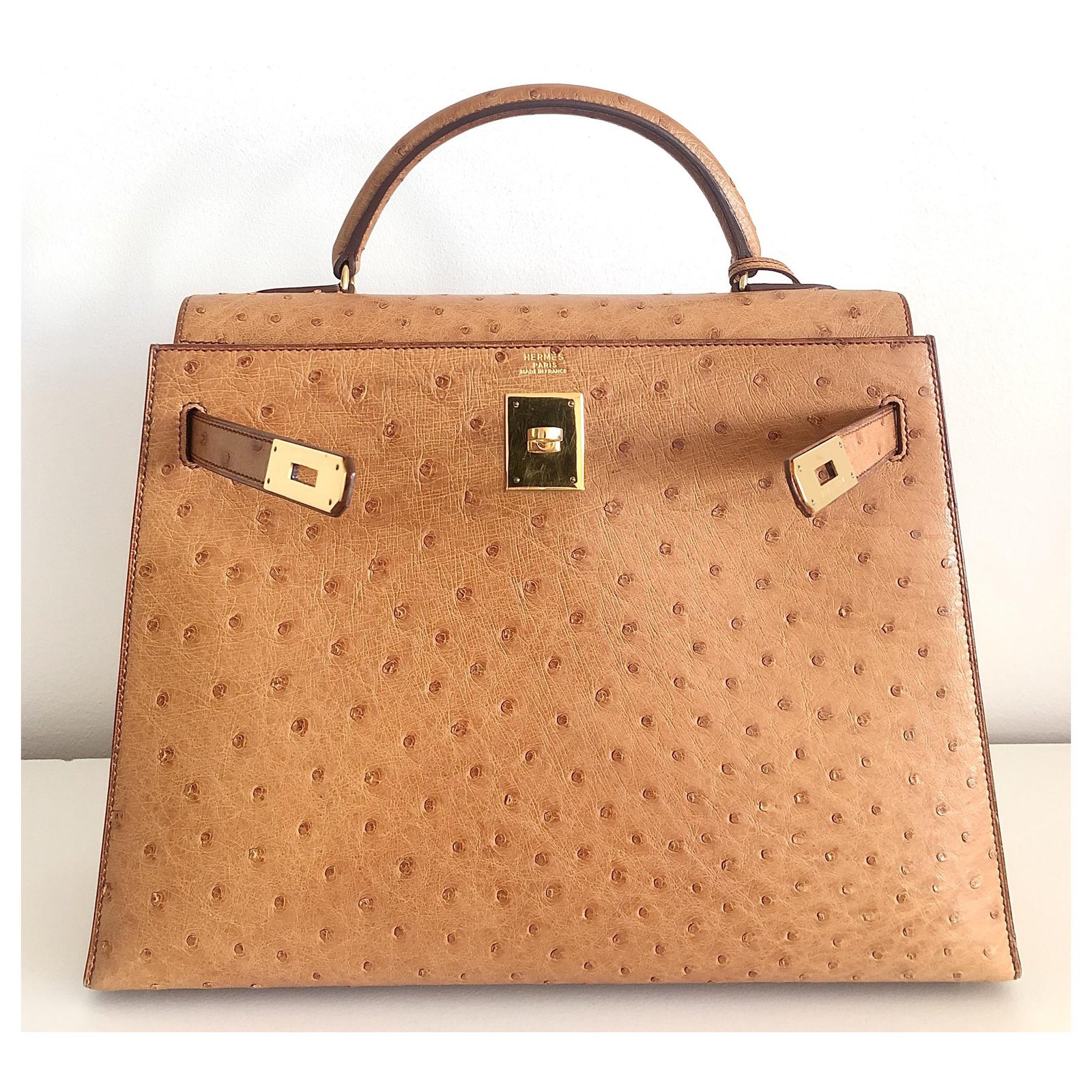 Hermes Kelly Ostrich Cognac 32 handbag GHW, EXCELLENT!