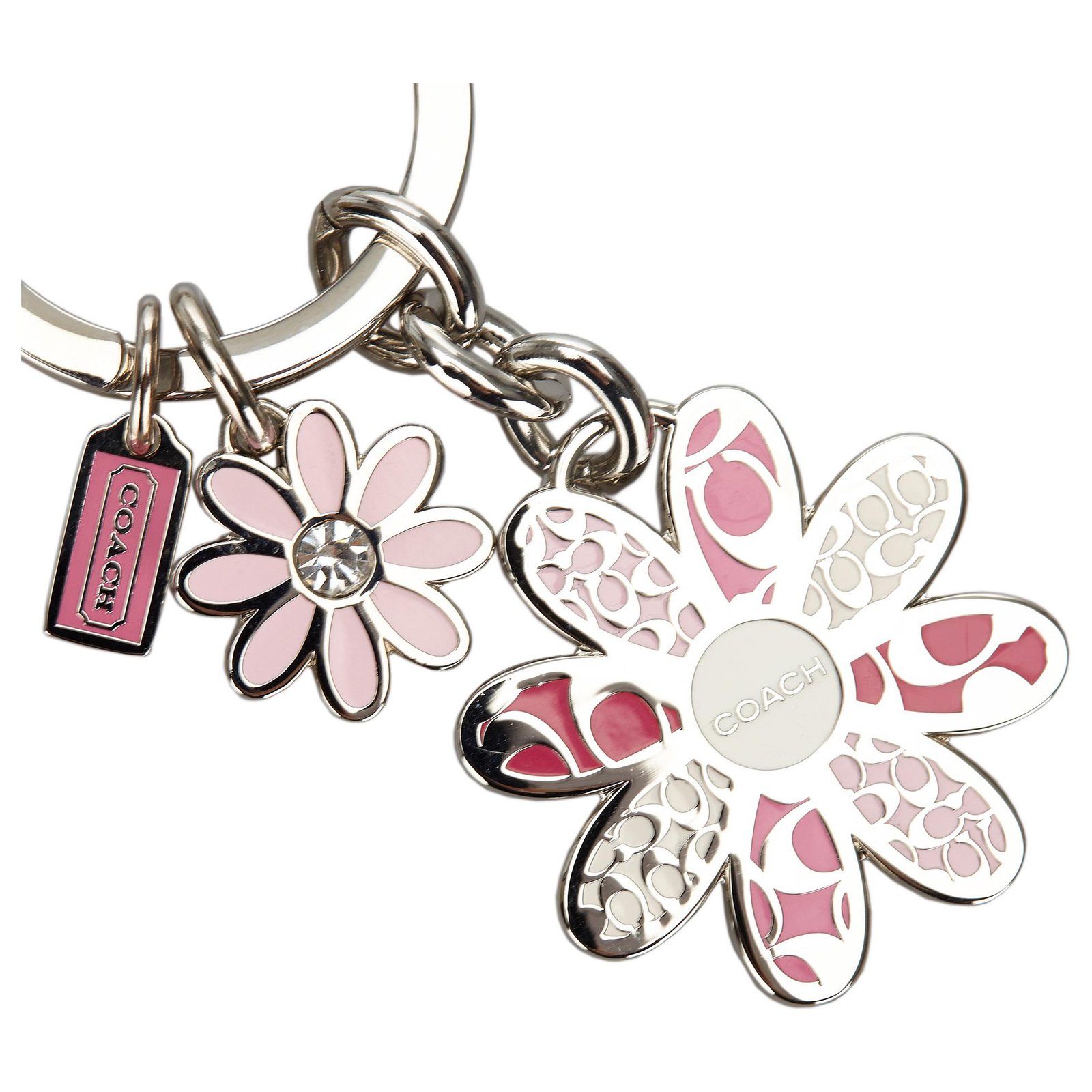 NEW COACH Signature Patchwork Pink Daisy Flower Keychain Key ring FOB NEW