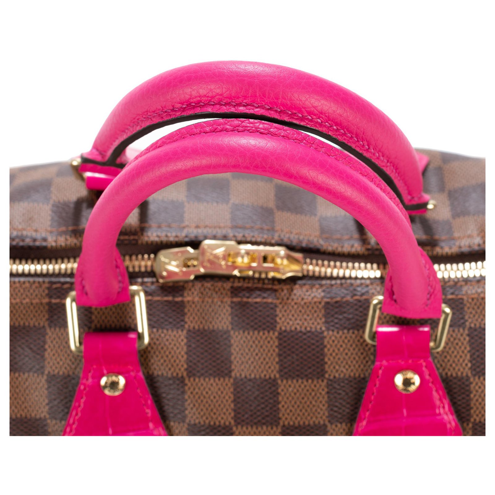 Louis Vuitton Speedy Bag Creation 25 shoulder strap with ebony checkerboard  customized with calf leather and pink Porosus crocodile Brown Exotic  leather Cloth ref.170101 - Joli Closet
