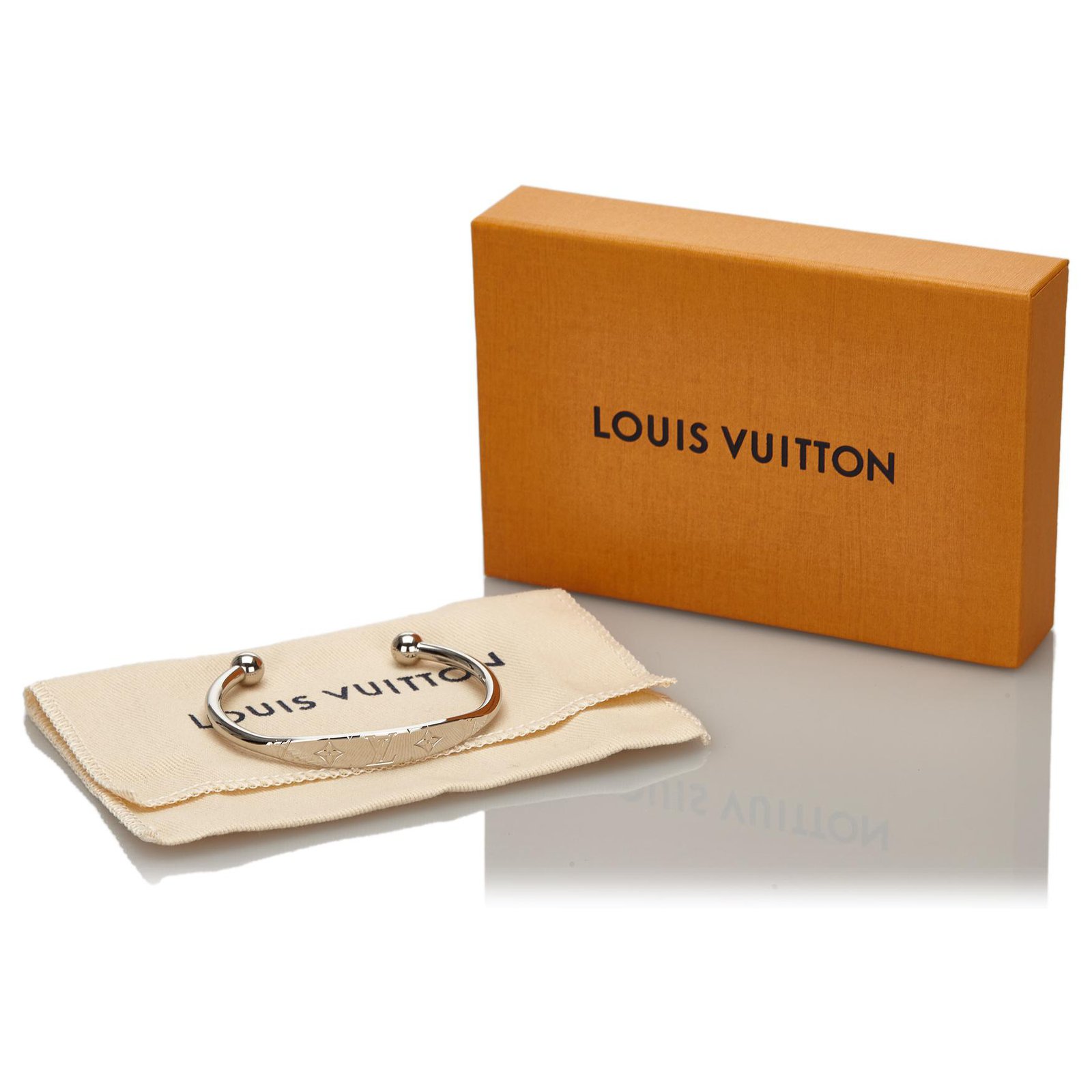 Louis Vuitton Silvertone Monogram Metal Jonc Cuff Bracelet - Yoogi's Closet