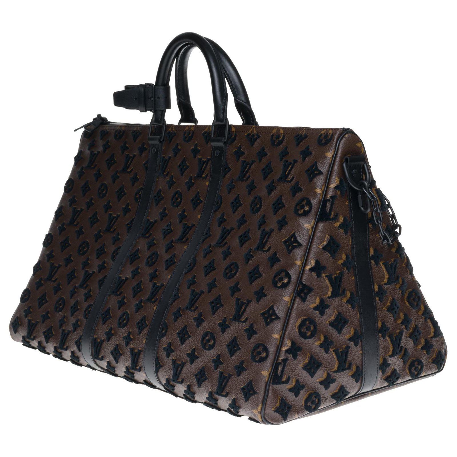 Keepall triangle leather weekend bag Louis Vuitton Black in