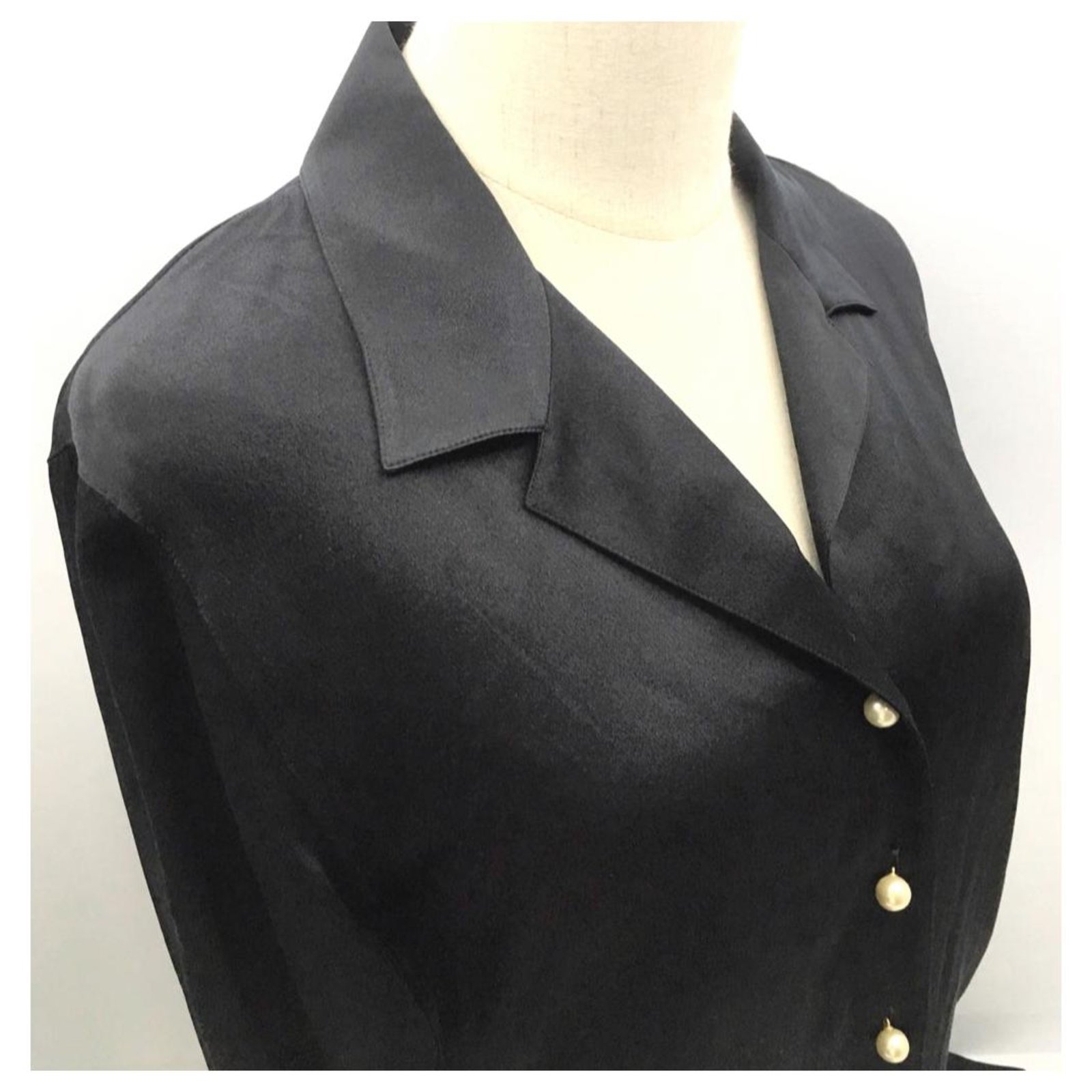 Chanel Black Long Sleeve Blouse Pearl Embellished Button Detail