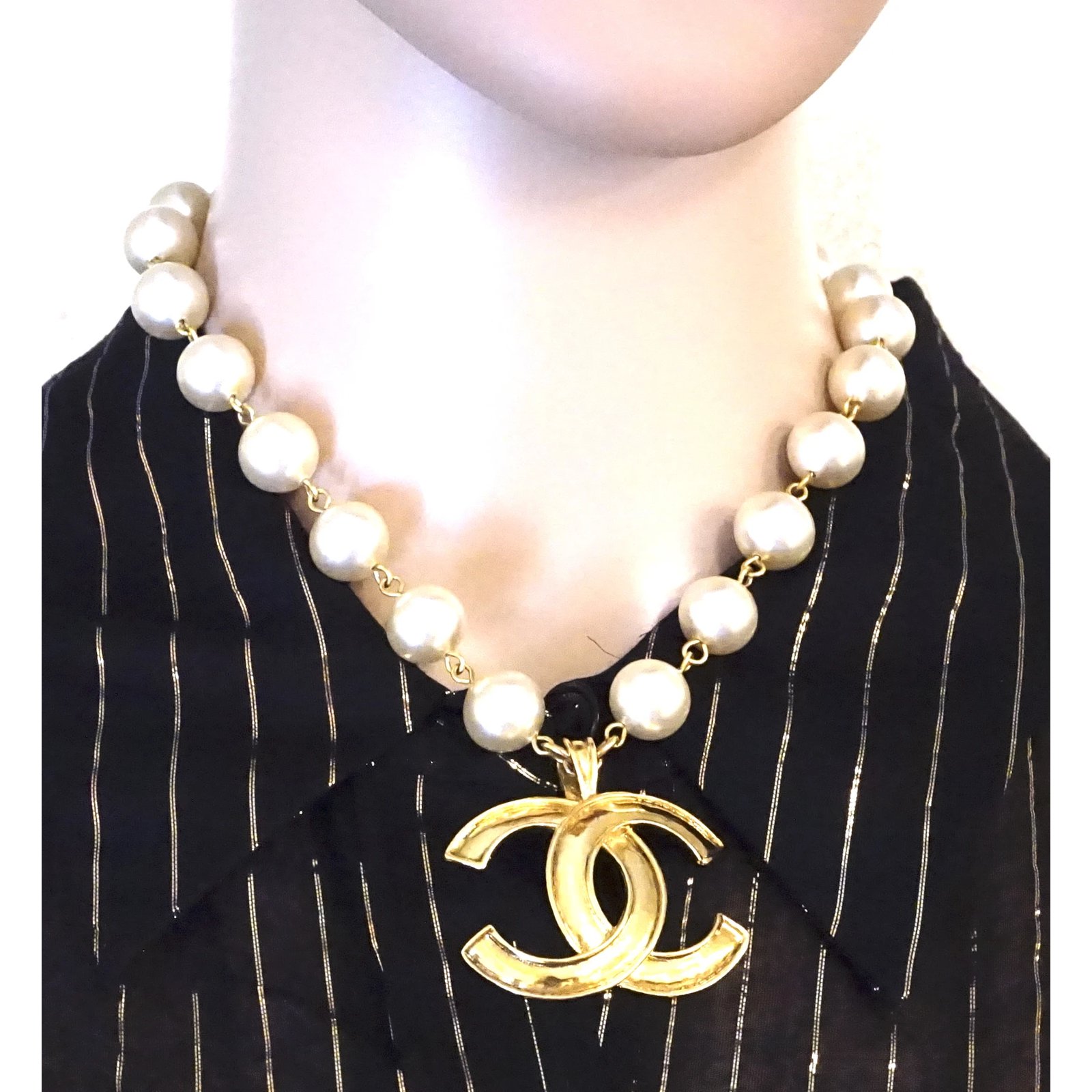 Collier Ras De Cou Chanel Xl Cc Perle Strand Or Perle Dor Ref Joli Closet