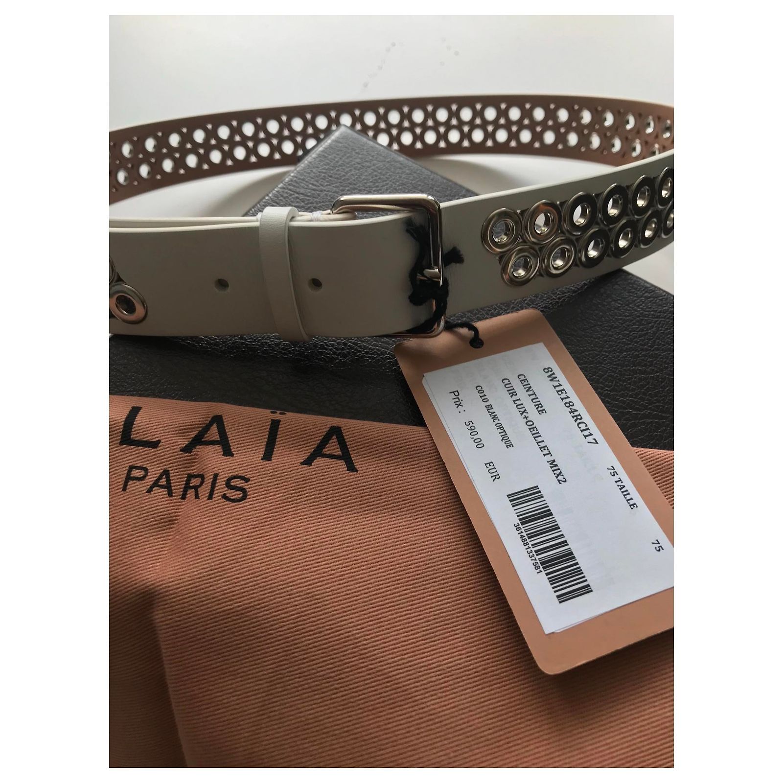 Alaïa White Leather Eyelet Belt Silvery Metal ref.174857  display picture 2