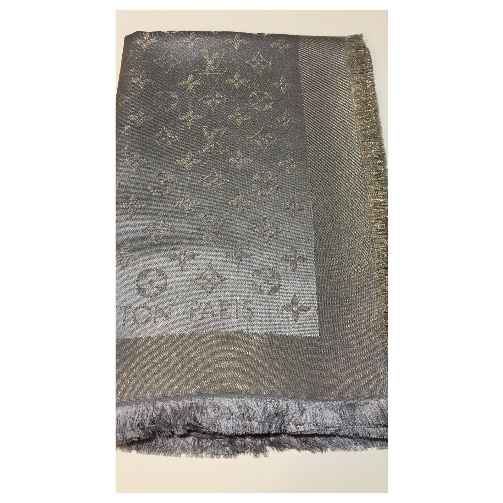 Louis Vuitton Greige Silk and Wool Blend Monogram Shine Shawl