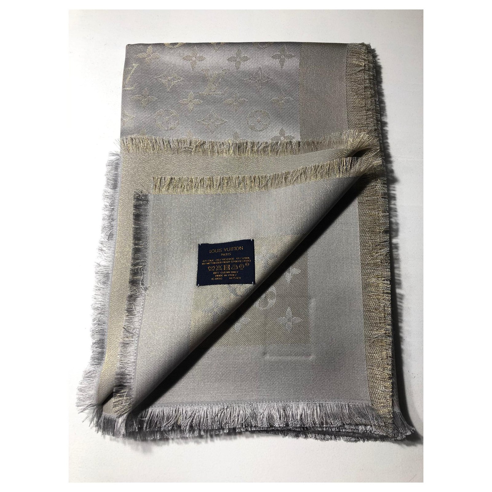 Louis Vuitton Gray Monogram Shine Shawl Grey Silk Wool Cloth ref