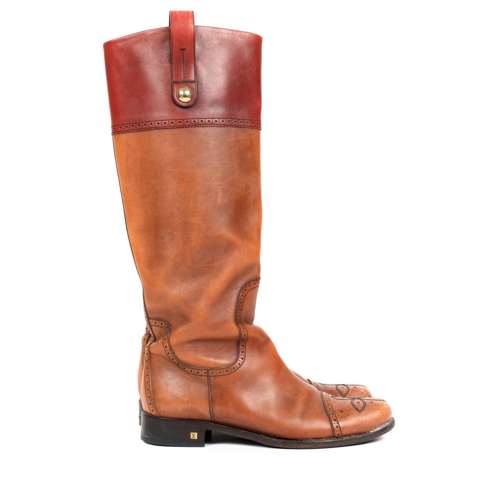 Louis Vuitton riding boots in bicolor camel and burgundy calf