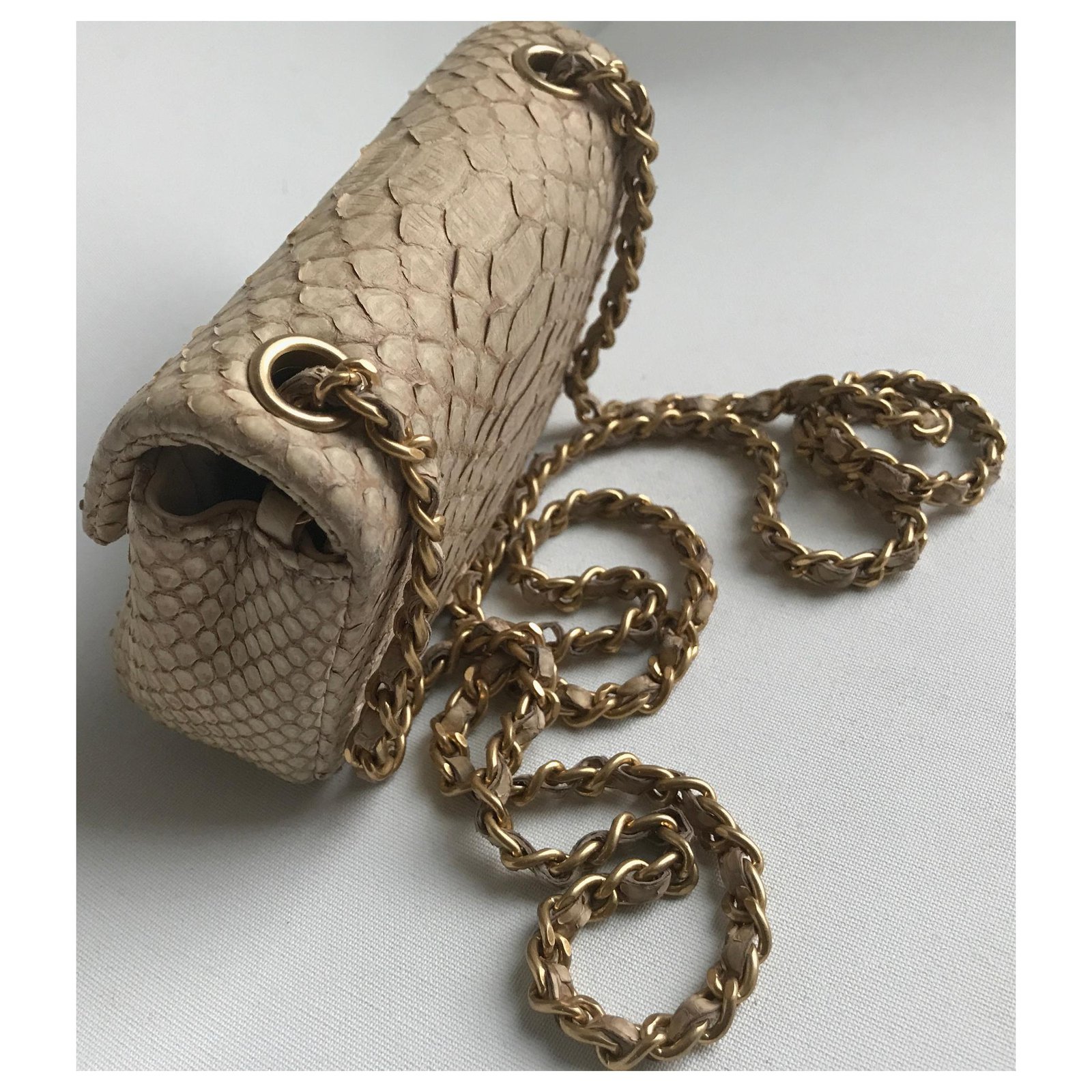 Timeless Chanel w/box python mini flap bag Beige Leather Exotic