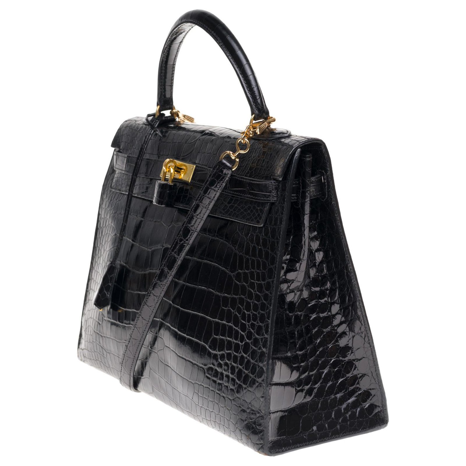 Hermès Superb Hermes Kelly 35 black porosus crocodile strap, gold plated  metal trim Exotic leather ref.176965 - Joli Closet