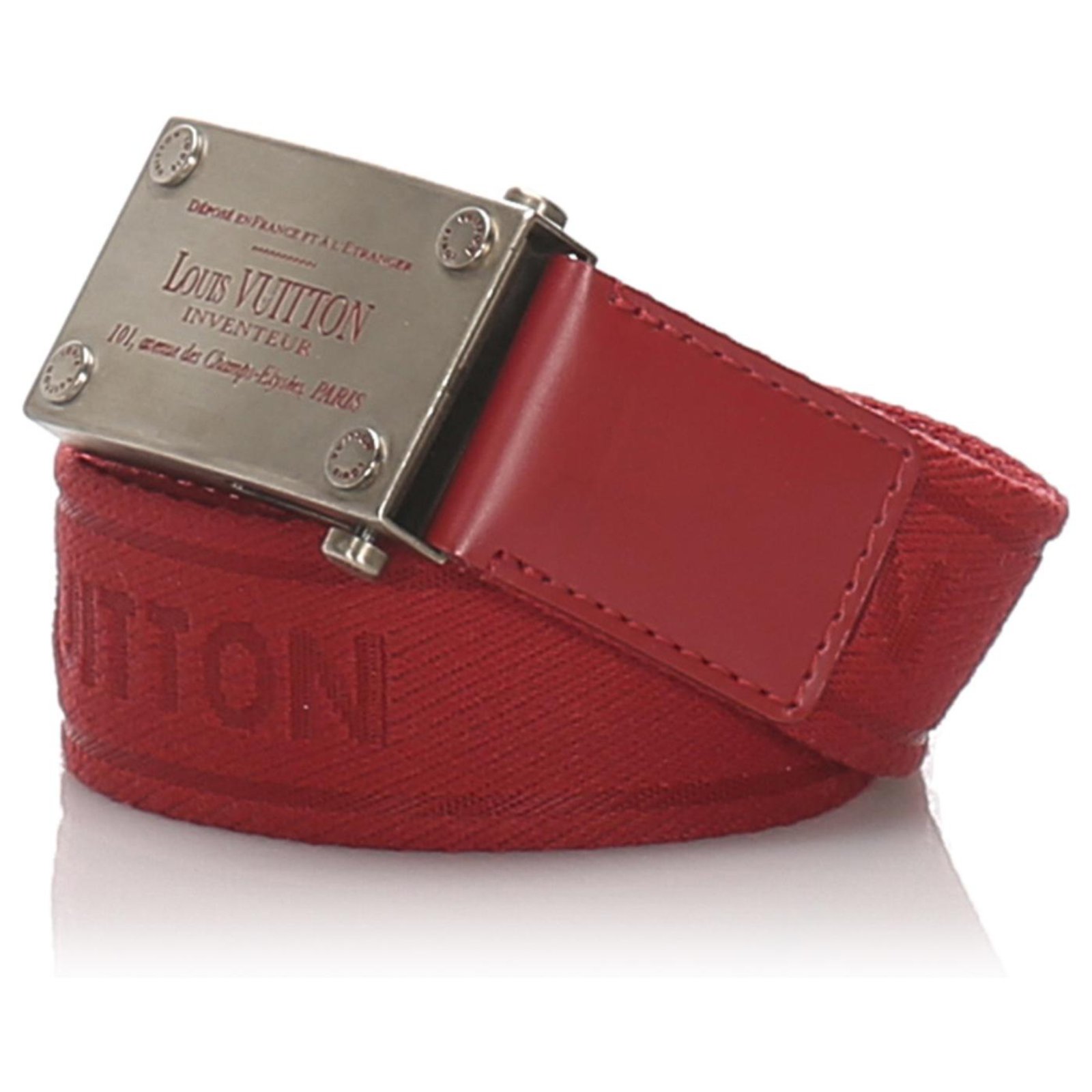 Louis Vuitton Red Bengale Inventeur Belt Silvery Cloth Metal Cloth