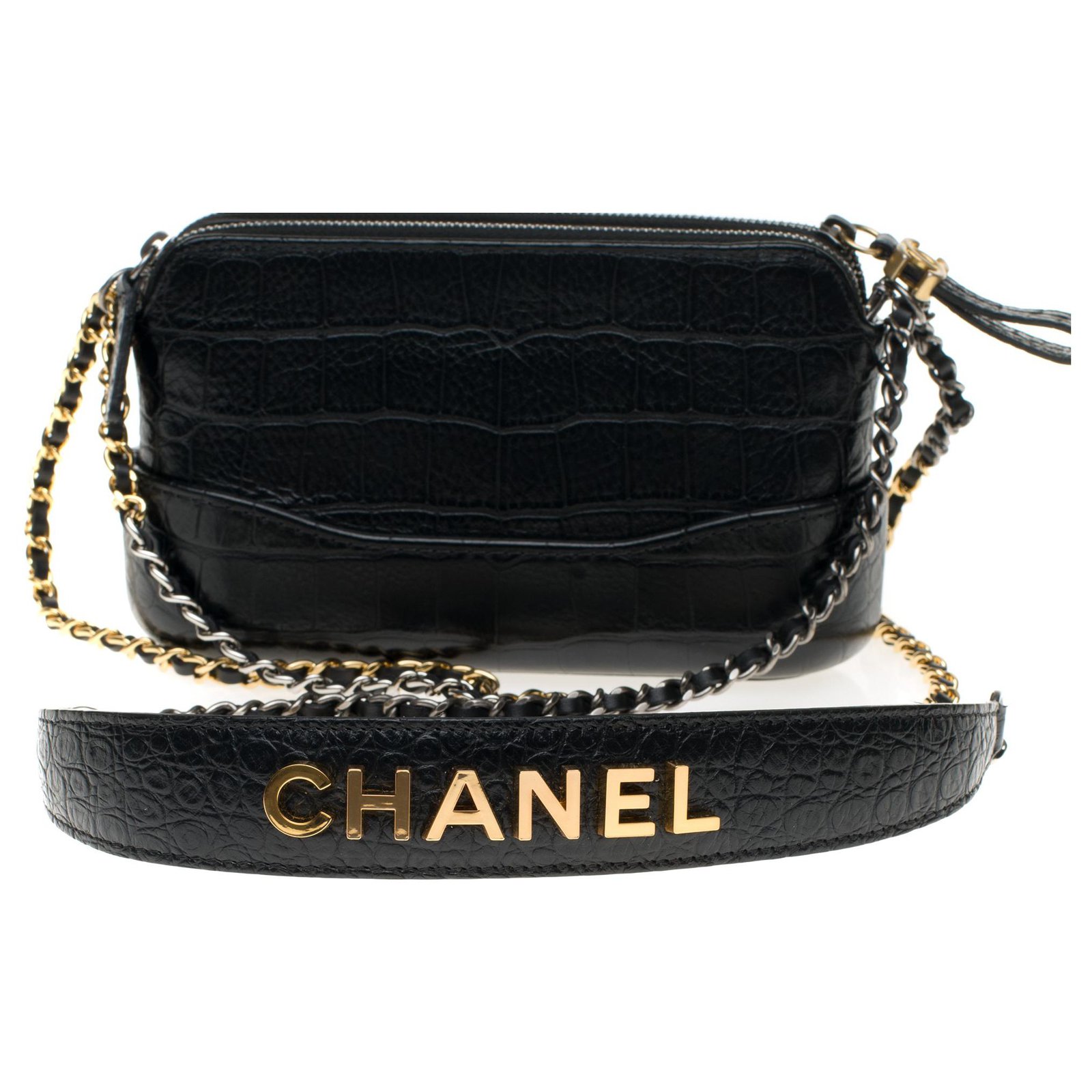 Chanel Mini Gabrielle shoulder bag in crocodile-embossed black