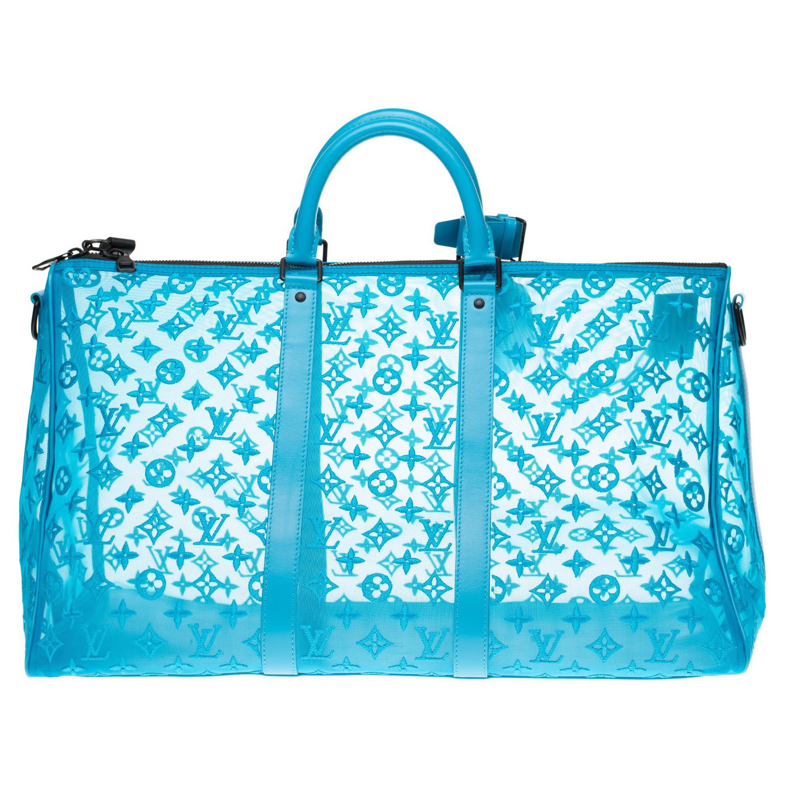 Sold out - Louis Vuitton Keepall triangle bag 50 monogram turquoise mesh  strap, new condition!