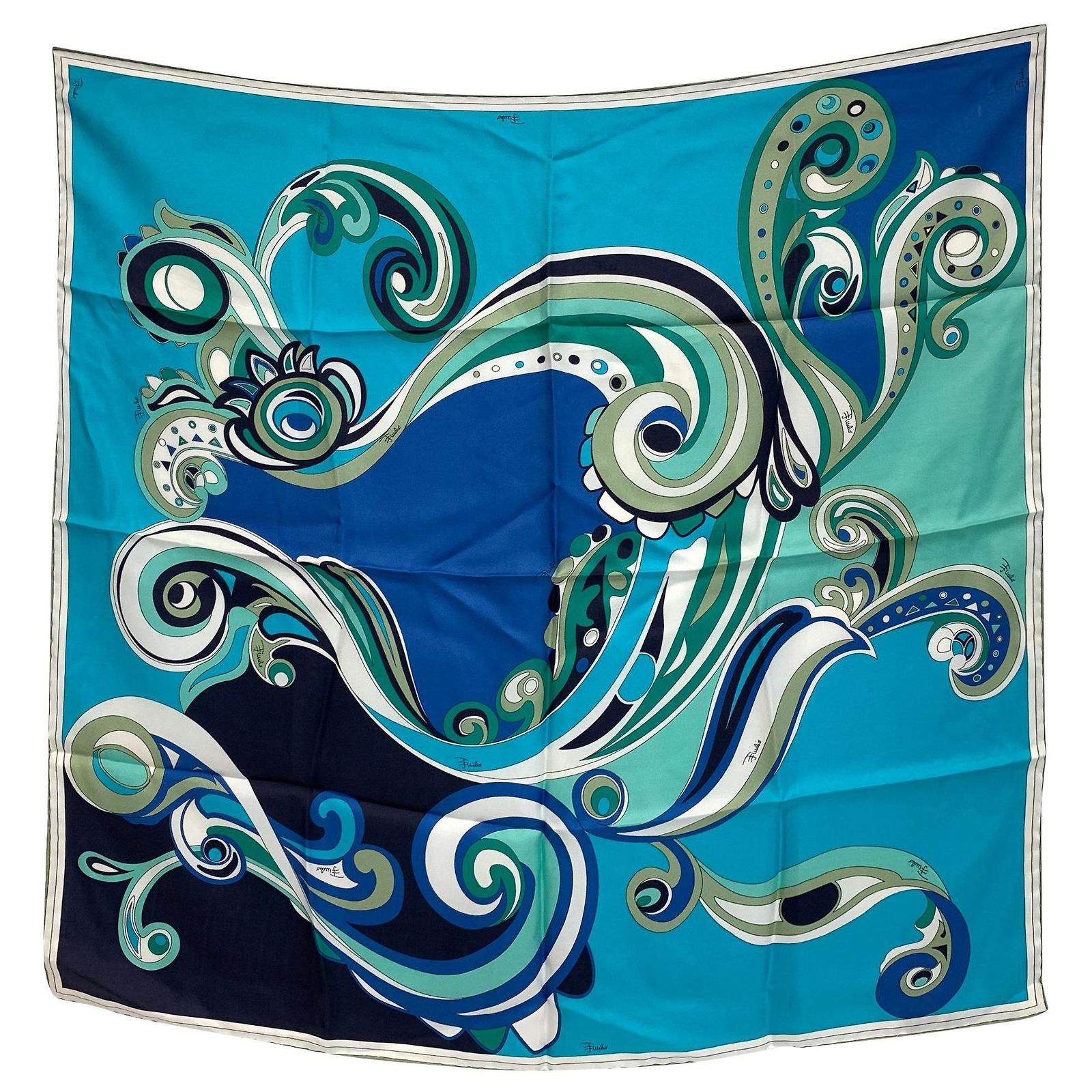 Cravate Vintage EMILIO PUCCI En Soie Imprimée - Motifs Vagues Et Rayures Bleues, Made In Italy, état Impeccable