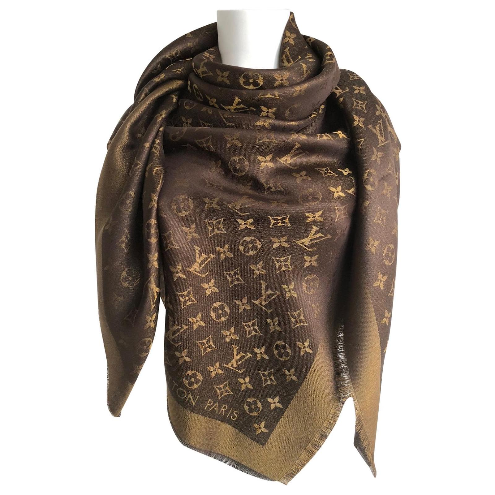Louis Vuitton Monogram Tuch Silk Scarf Brown Golden Wool ref.183452 ...