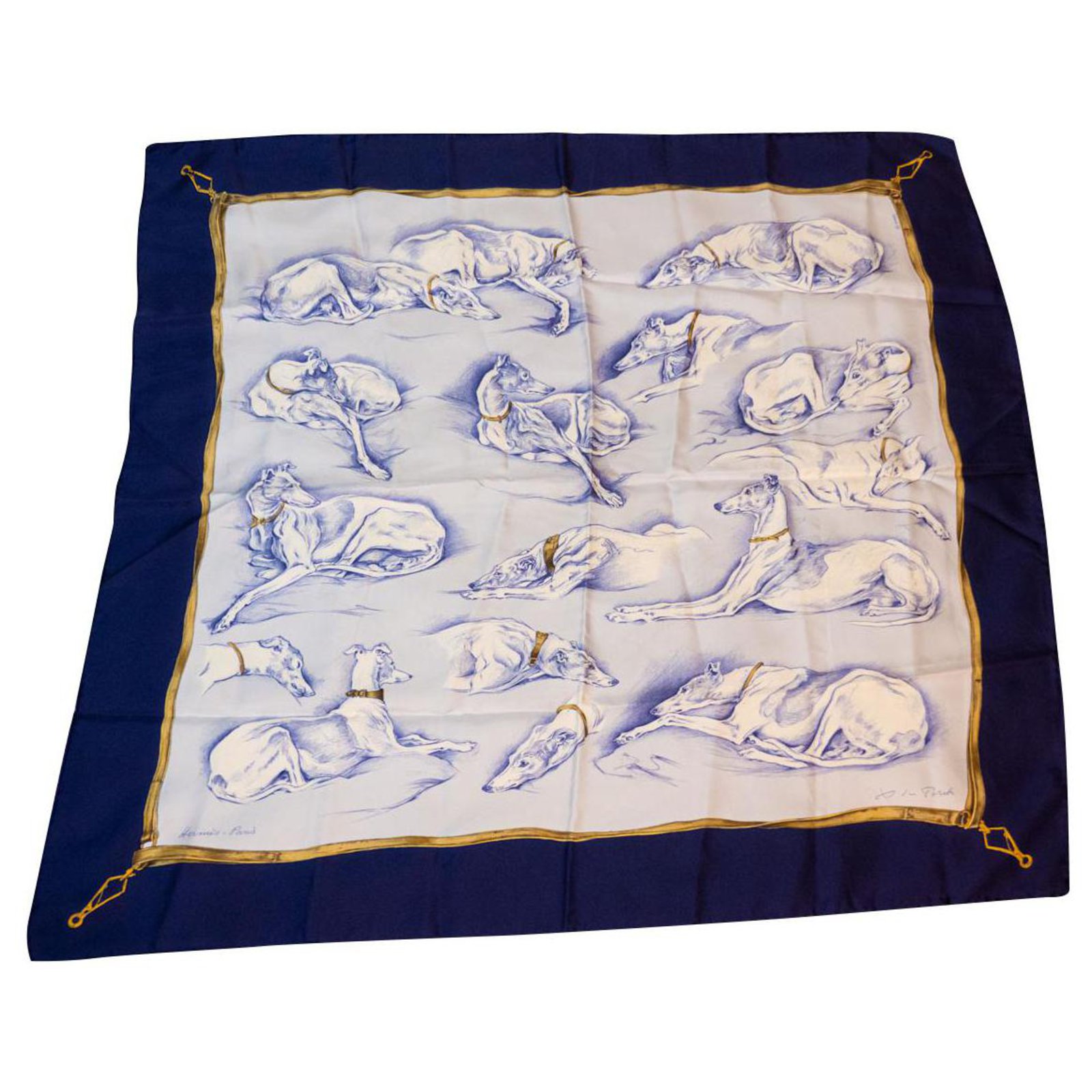 Hermès scarf in Greyhound silk designed by Xavier De Poret. Light blue ...