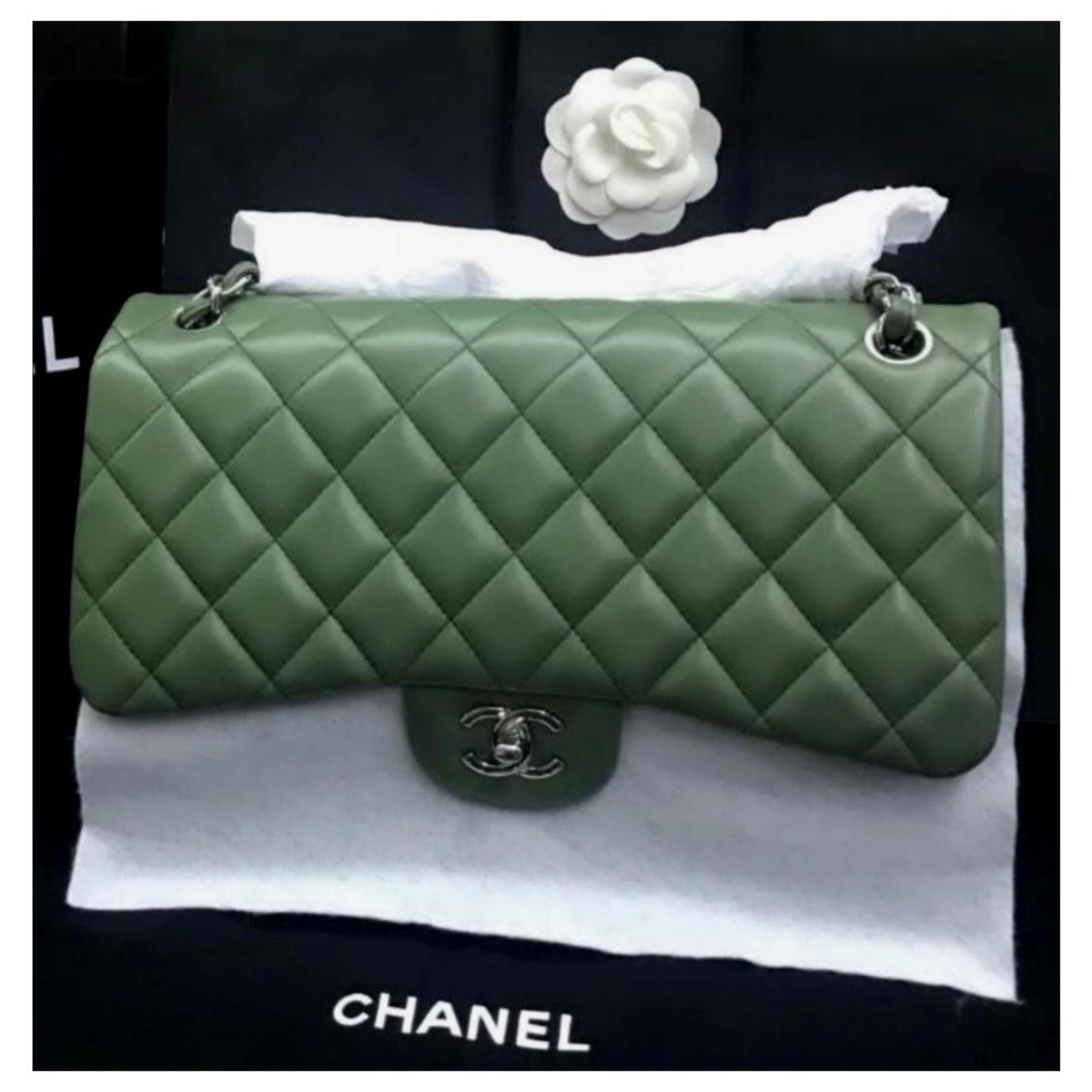 Chanel Olive Green Jumbo Classic Flap Patent Leather Handbag ○ Labellov ○  Buy and Sell Authentic Luxury