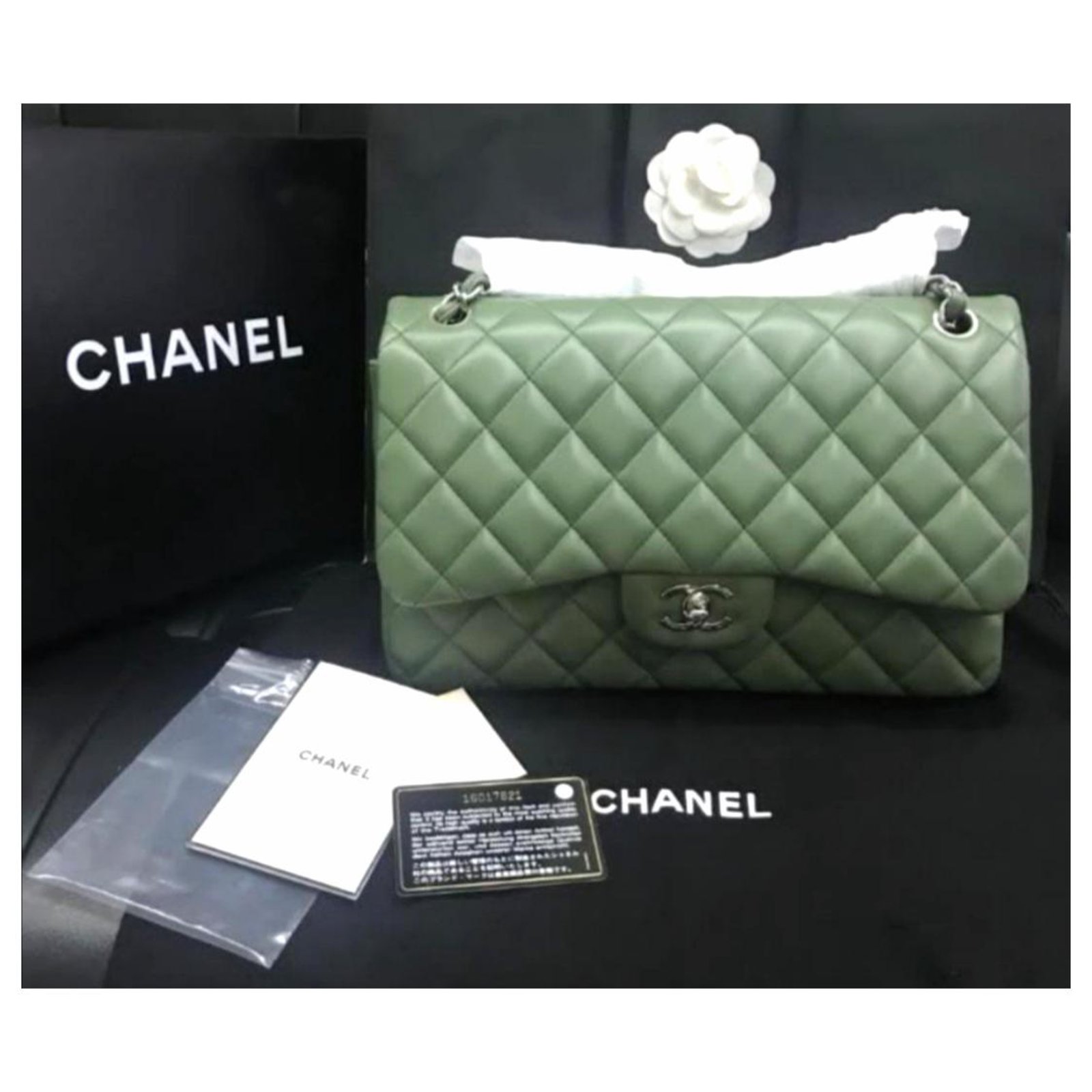 Chanel Quilted Mini Square Olive Green Lambskin Silver Hardware
