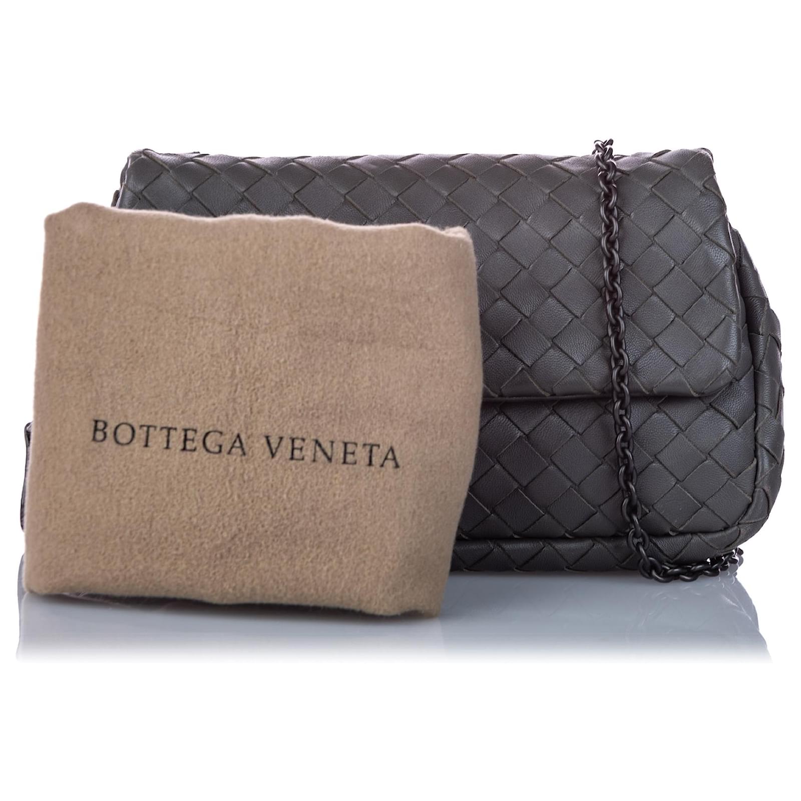 Bottega Gray Intrecciato Leather Chain Crossbody Bag Grey Metal