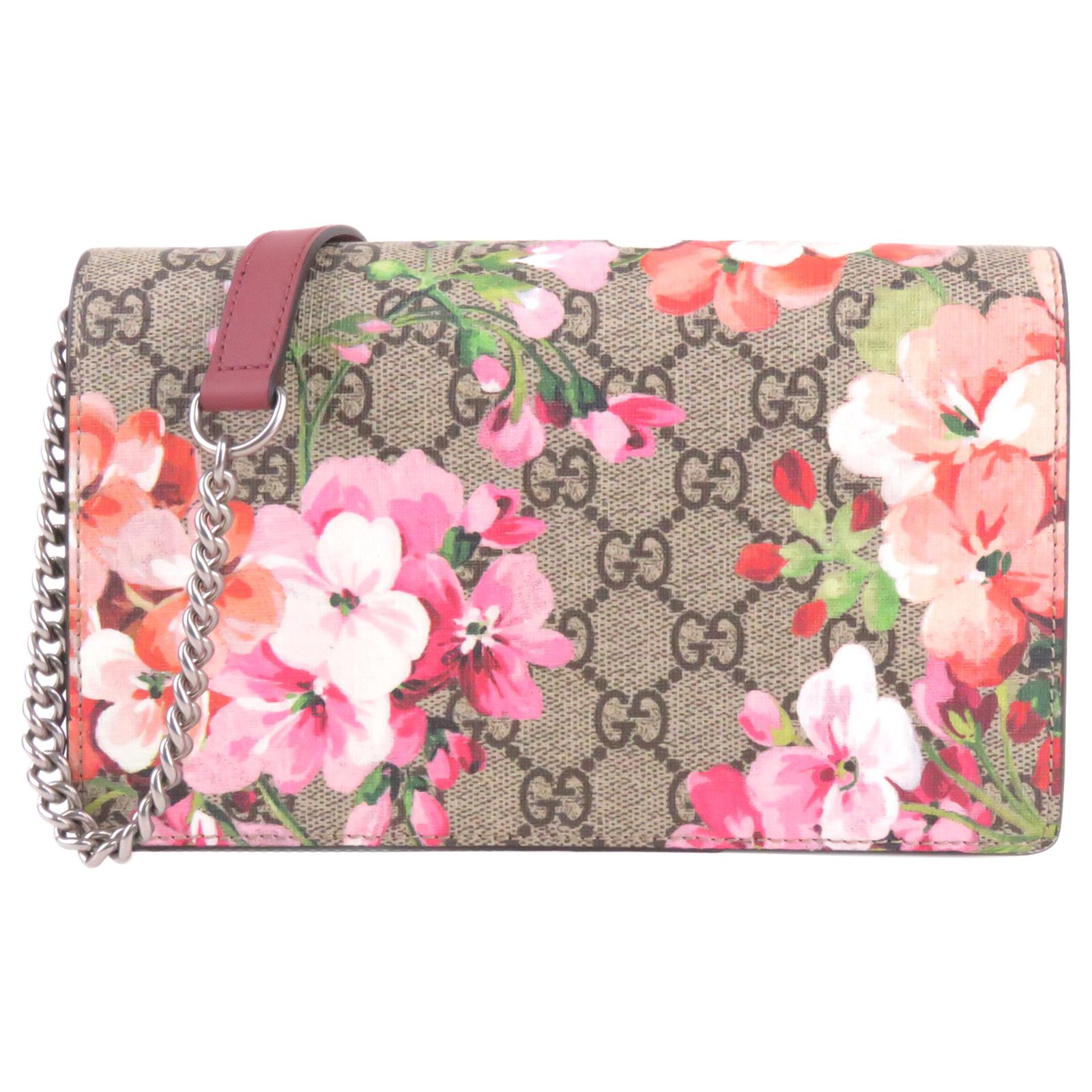 Gucci Brown GG Supreme Blooms Wallet on Chain Pink Beige Leather Cloth ...