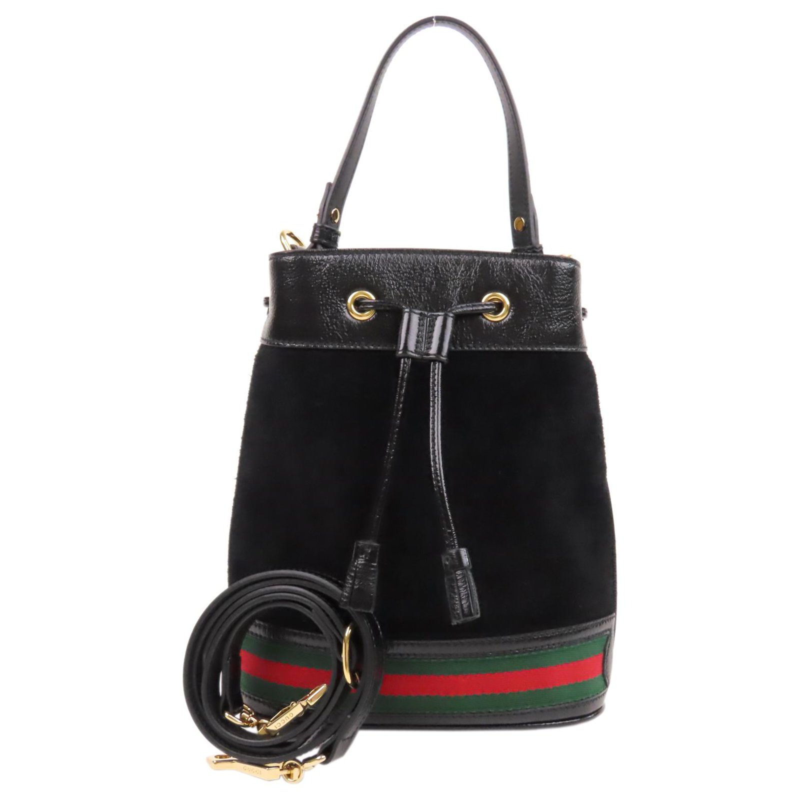 Gucci Black Small Ophidia Suede Bucket Bag Red Leather Patent leather ...