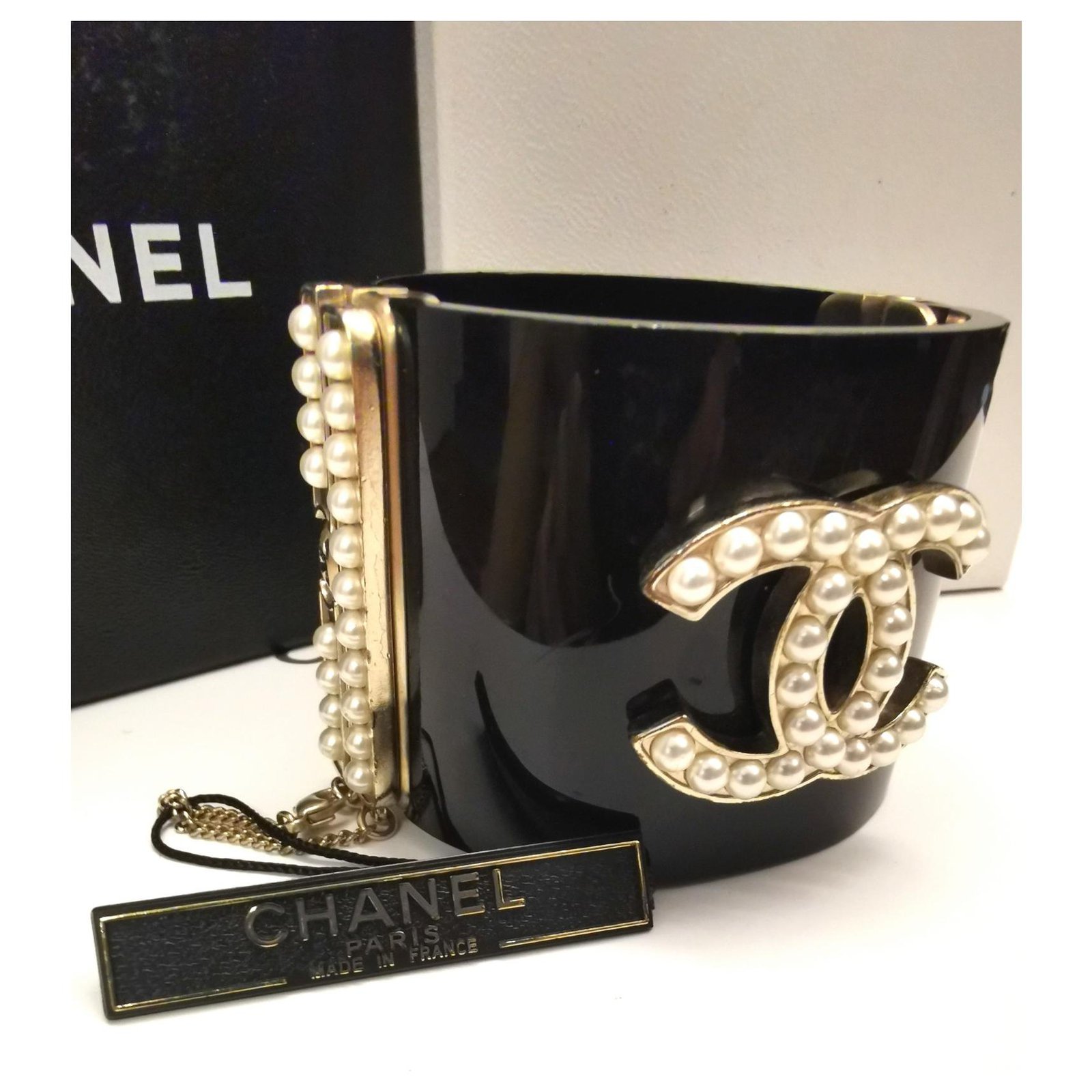 Chanel CC pearl black cuff bracelet