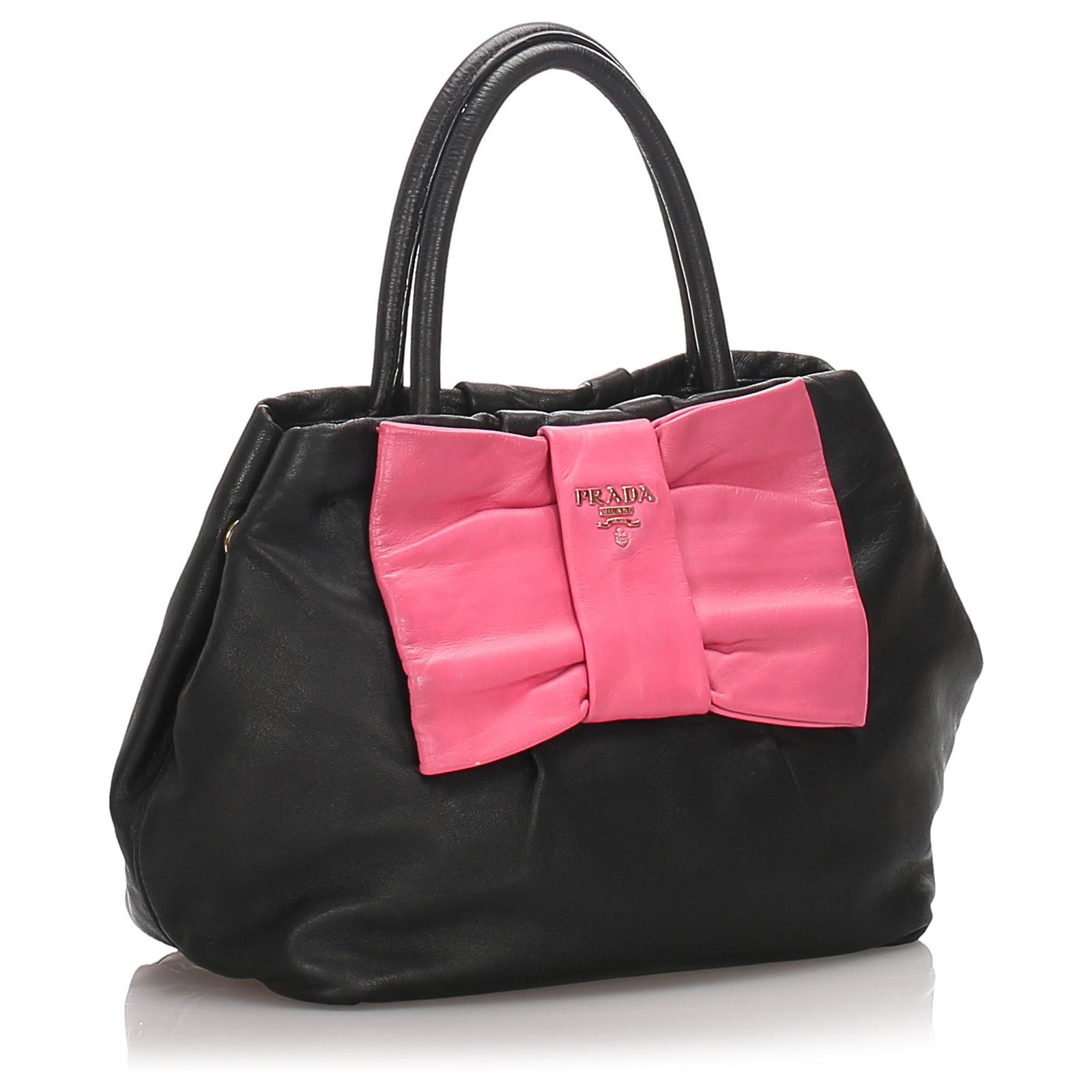 Prada Black Leather Fiocco Bow Satchel Pink Pony-style calfskin ref ...
