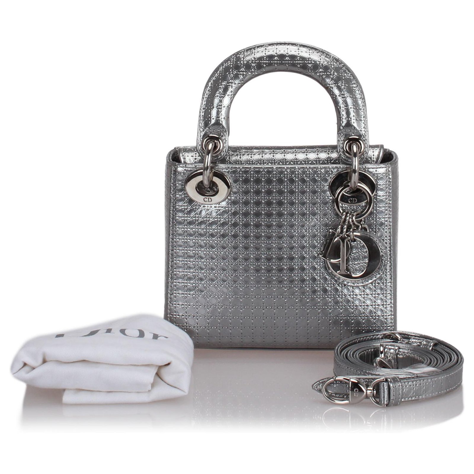 Dior Silver Micro Cannage Lady Dior Silvery Leather Pony-style calfskin ...