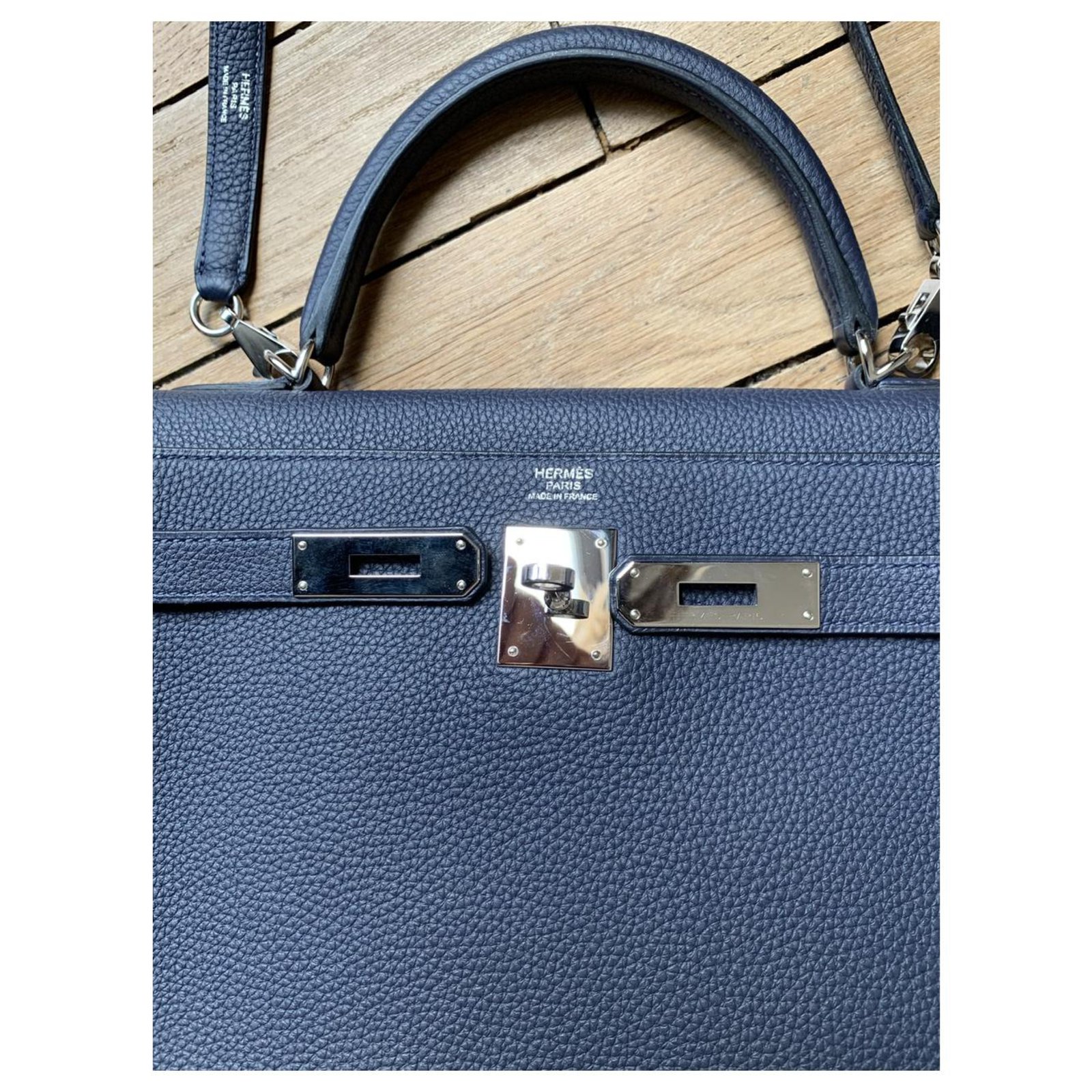 Hermès Hermes Kelly bag 32 Blue Navy blue Leather Cloth ref.205639