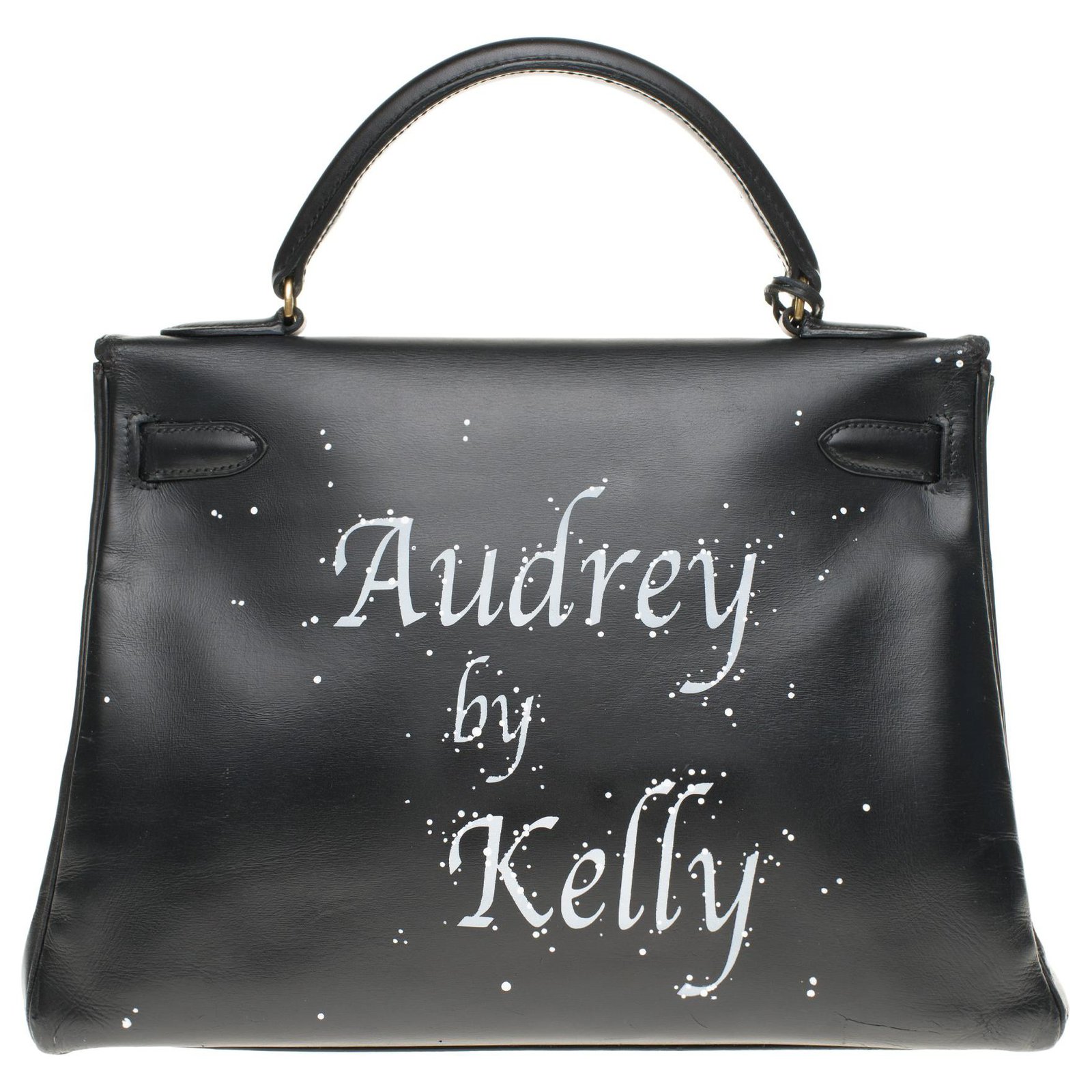 Amazing creation Audrey Hepburn on Kelly 32 cm handbag in black calfskin