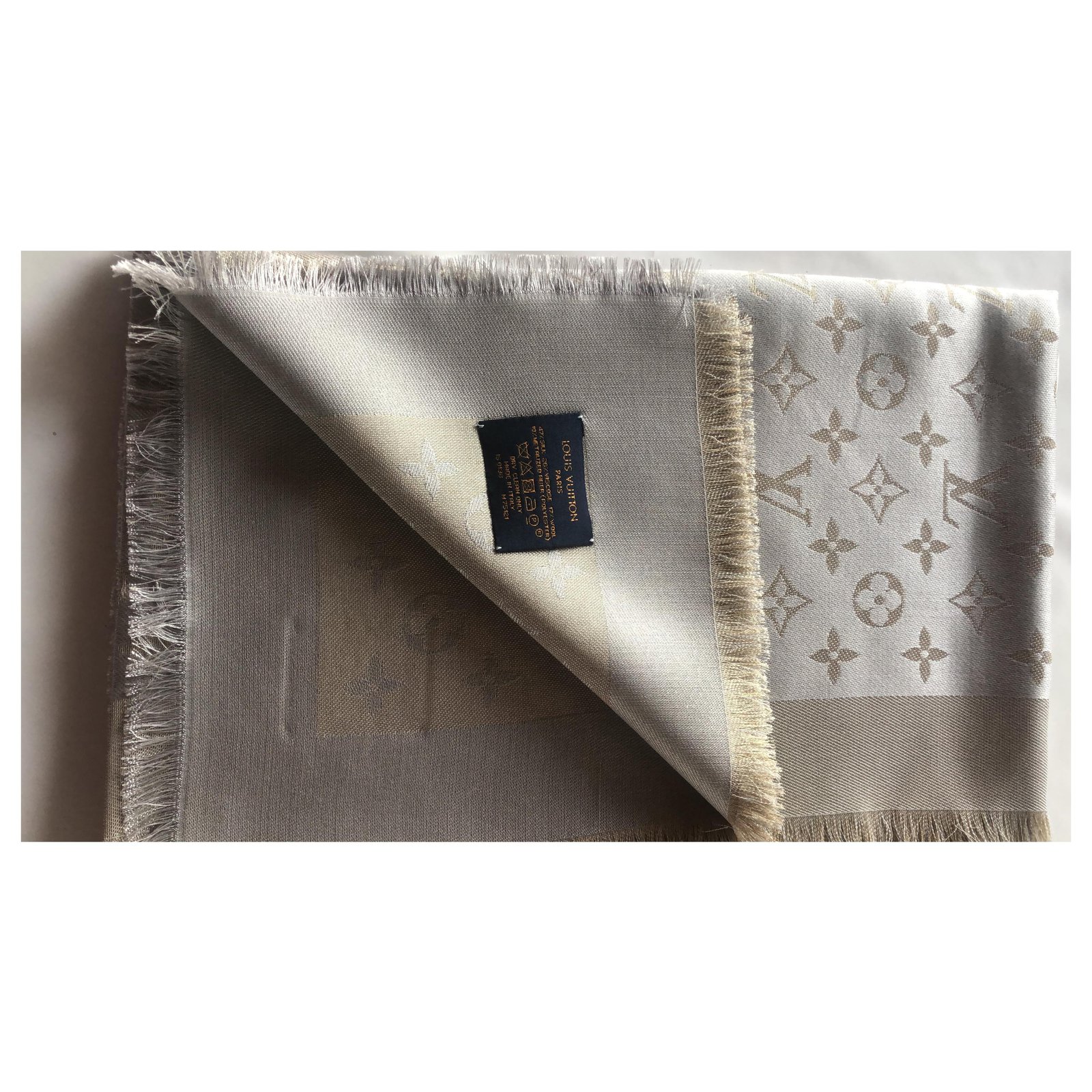 Louis Vuitton Greige Silk and Wool Blend Monogram Shine Shawl at 1stDibs
