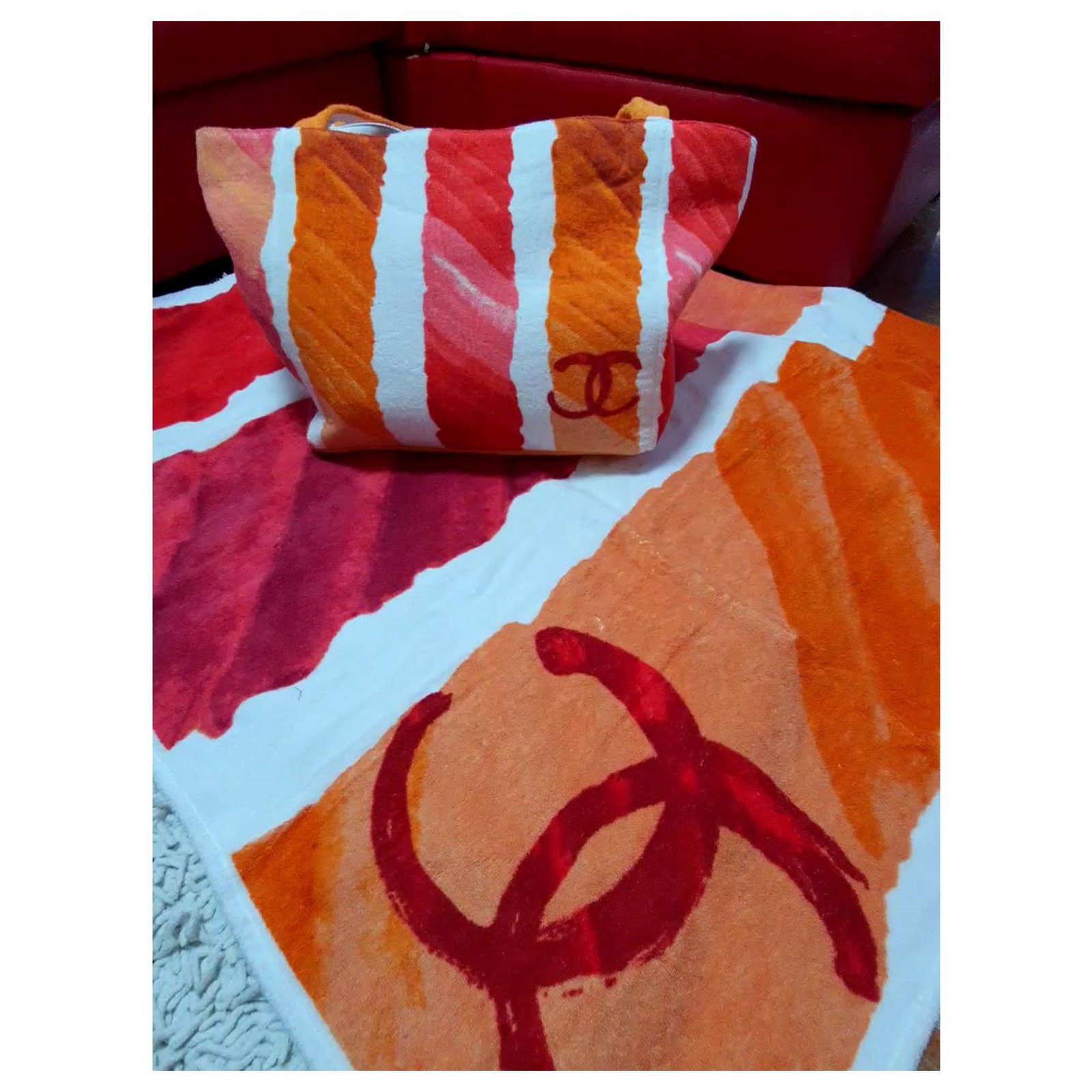 New Chanel beach bag + towel Pink White Multiple colors Orange