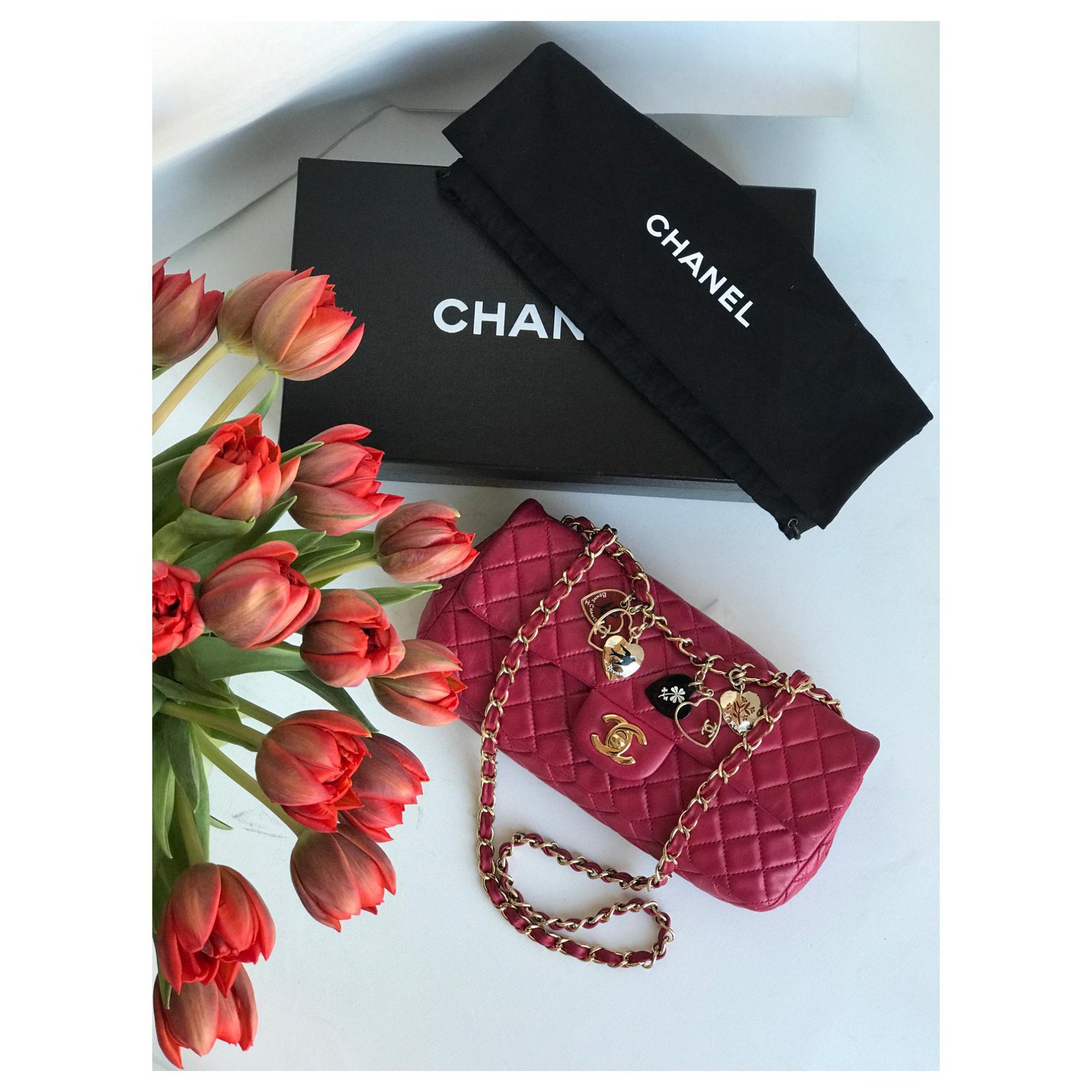 Chanel Timeless VALENTINE CHARMS flap bag Pink Fuschia Leather ref