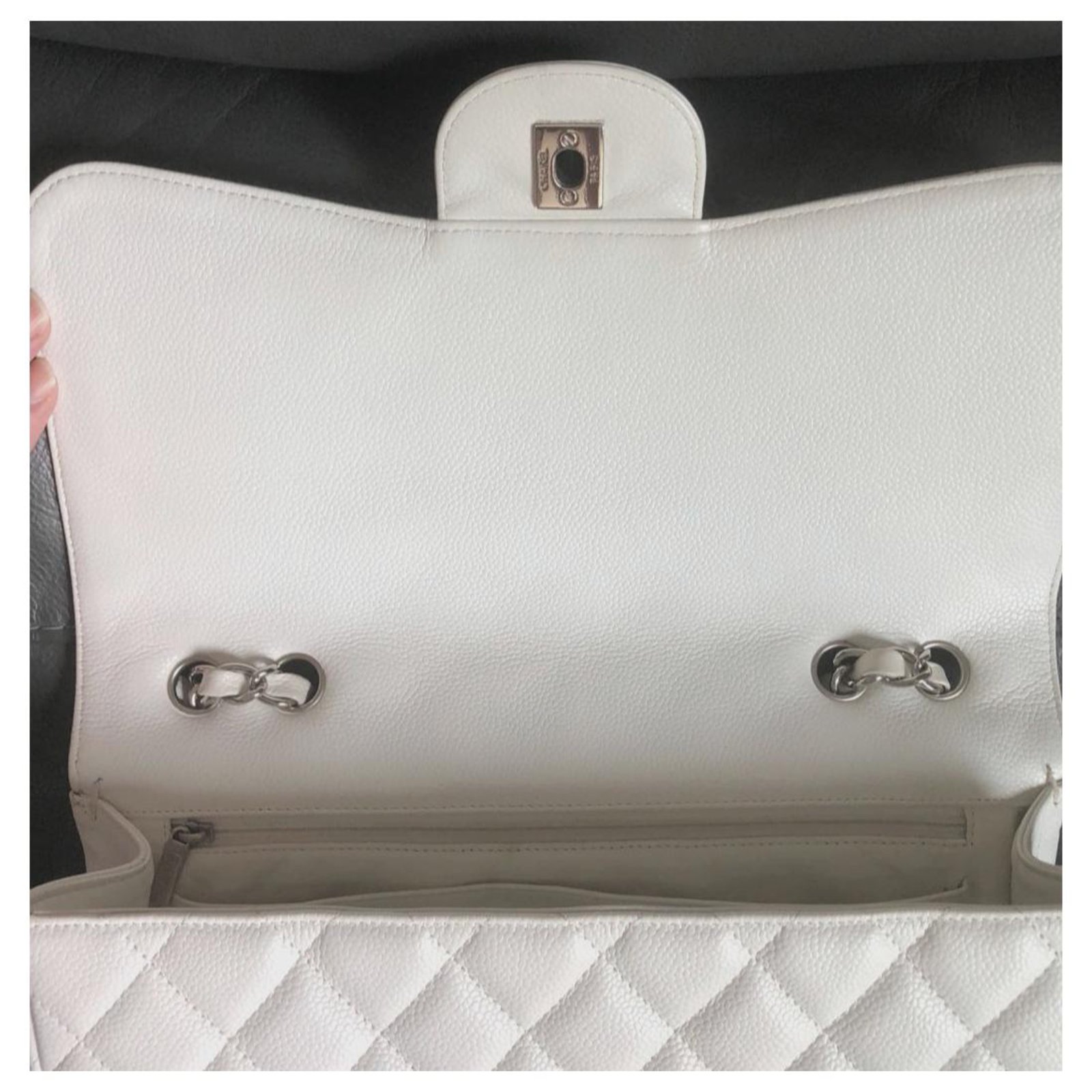 Timeless Chanel Jumbo white caviar classic flap bag SHW Leather