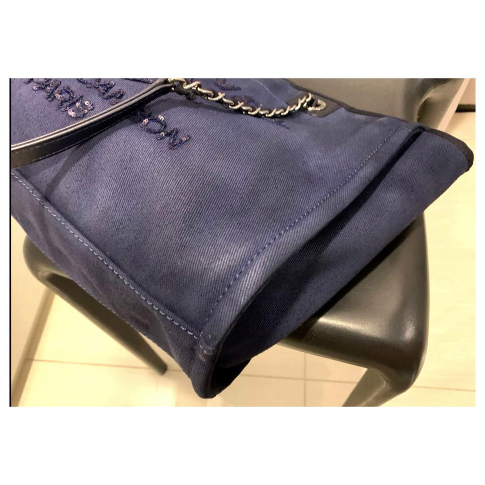 Chanel Deauville Tote Bag Canvas Dark Blue LGHW