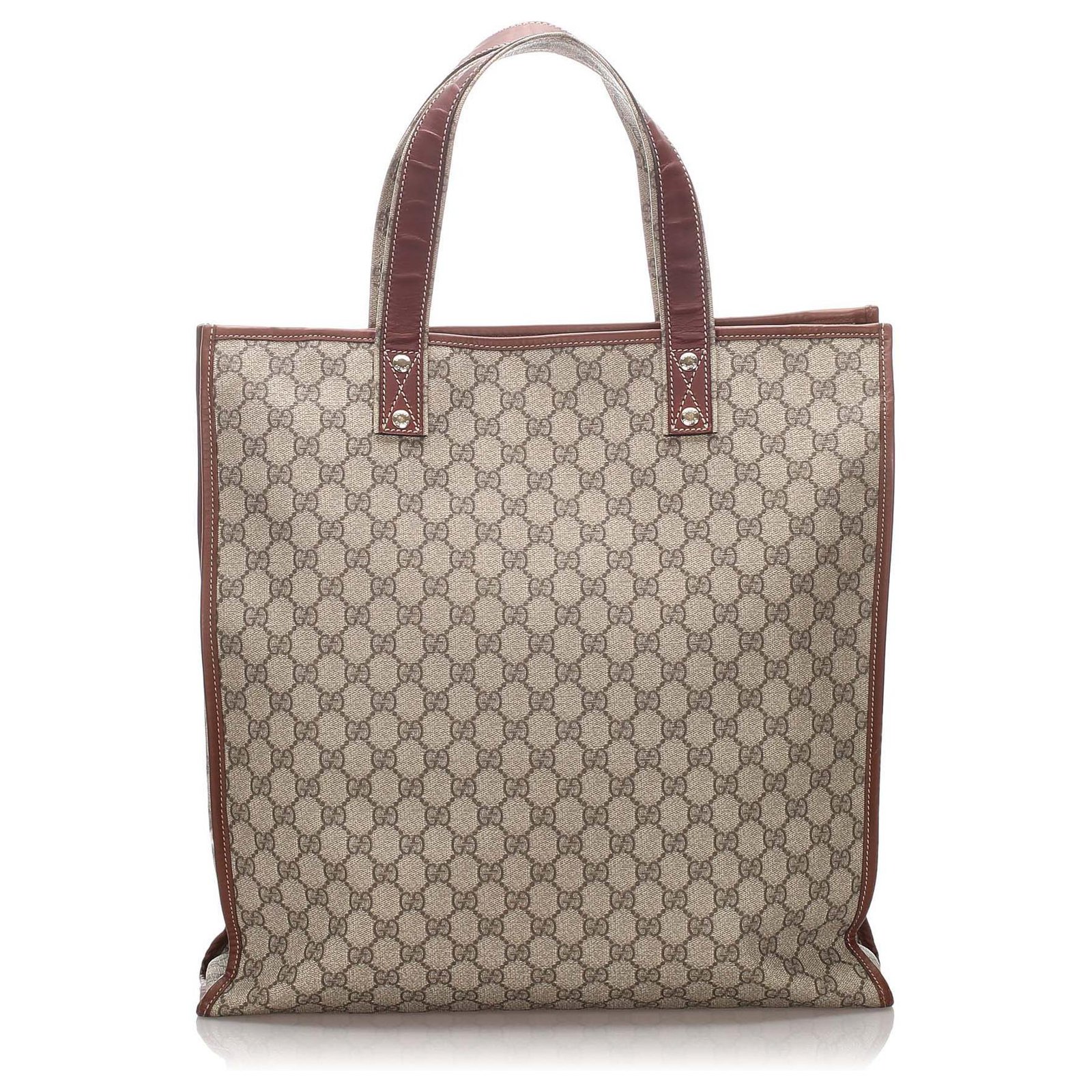 Gucci Brown Large GG Supreme Shopper Tote Beige Leather Cloth Pony ...