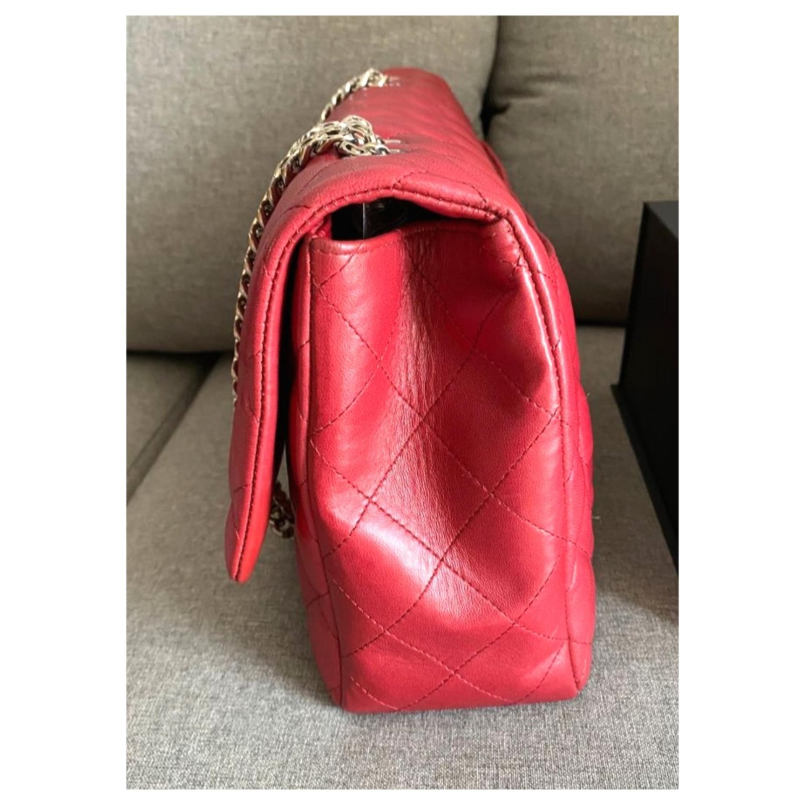 Timeless Chanel Red Jumbo Bijoux chain classic flap bag Leather ref ...