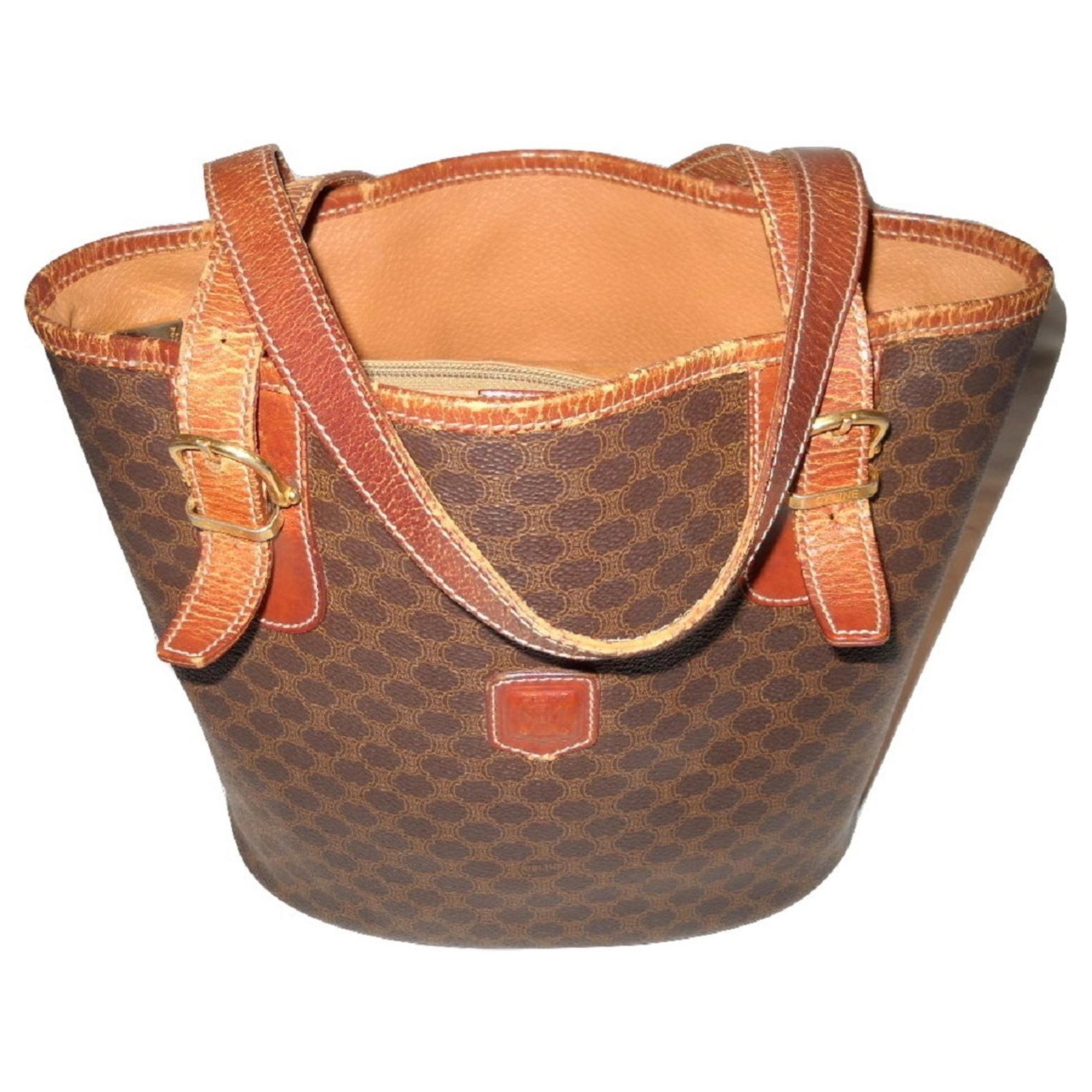 Céline CELINE vintage Macadam bucket bag Triomphe logo Brown Orange Leather  Cloth ref.193044 - Joli Closet