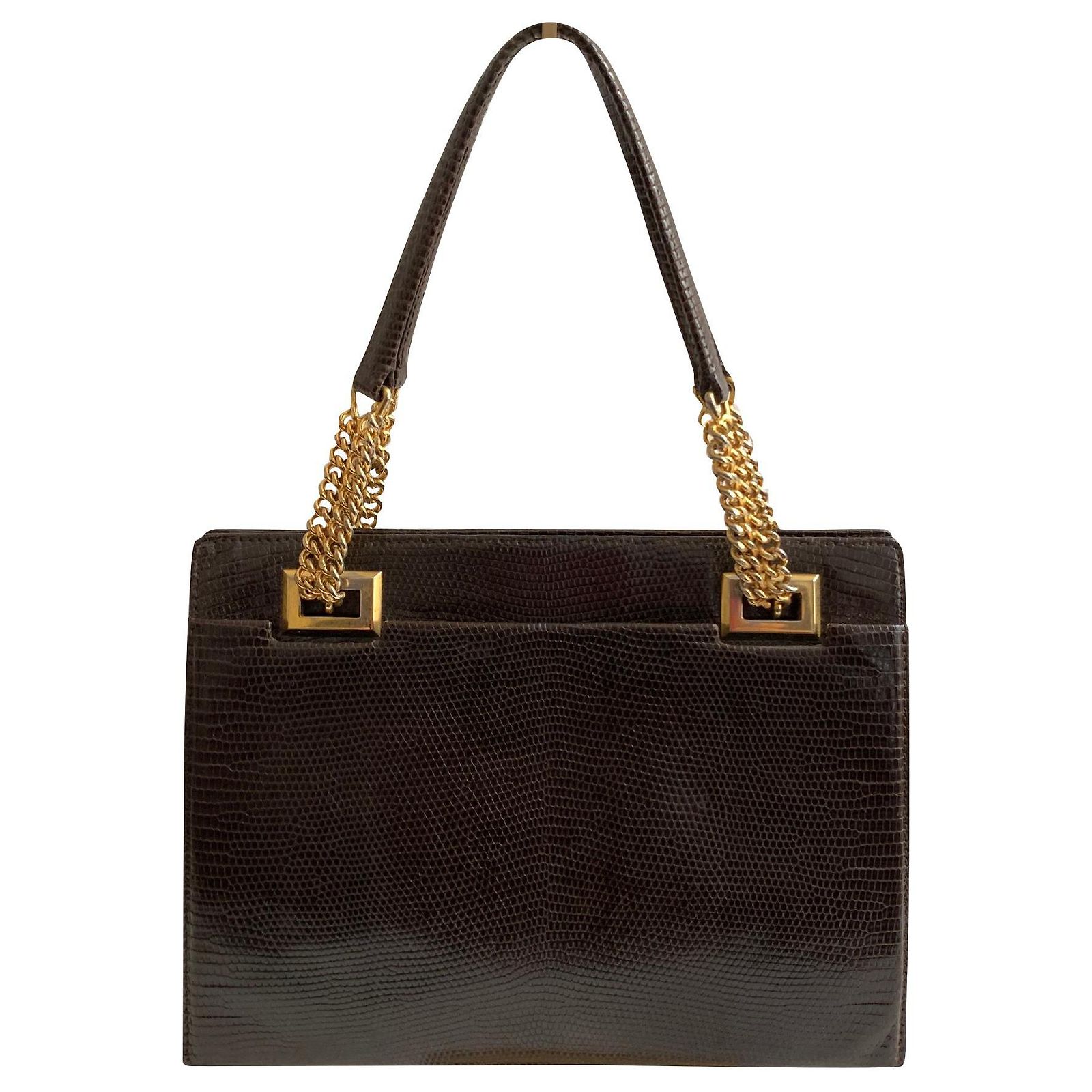 Sac à Main Vintage En Lézard Véritable - Marron, Porté Main - Occasion Très Bon état