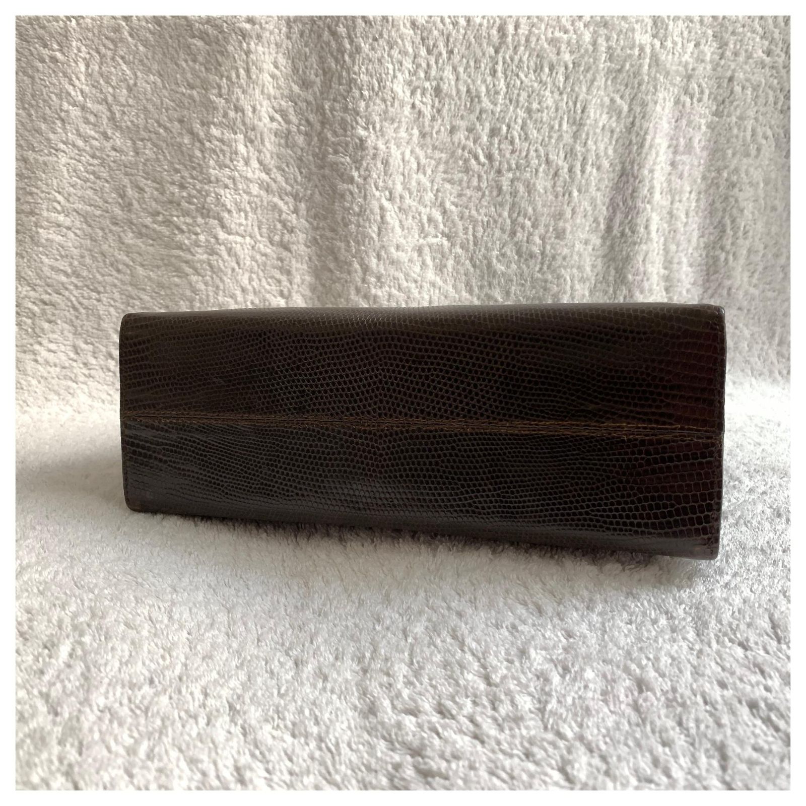 Sac à Main BERMA Vintage En Cuir Lézard Marron - Largeur 33cm, Fabriqué En France