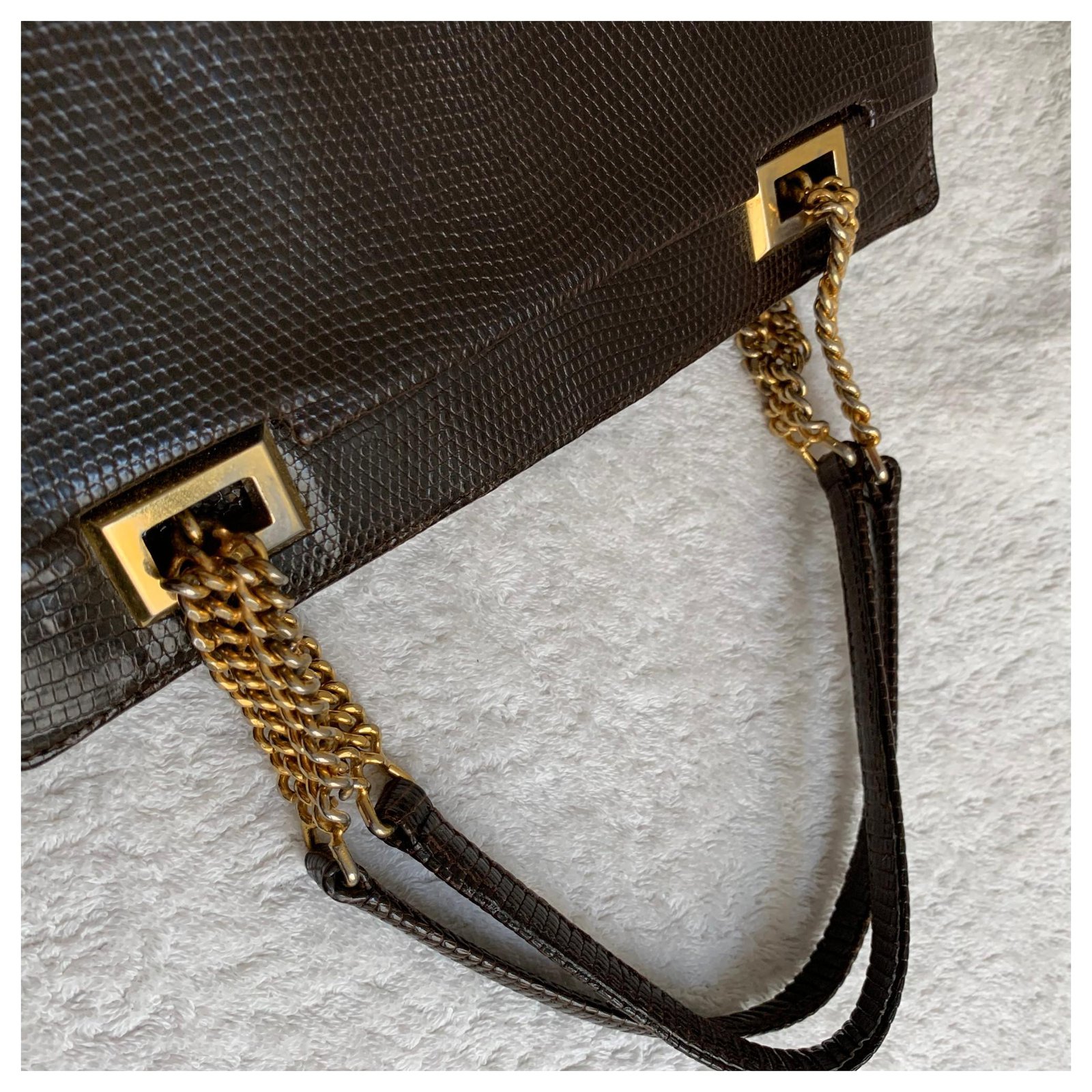 Autre Marque Vintage lizard handbag Dark brown Exotic leather ref ...